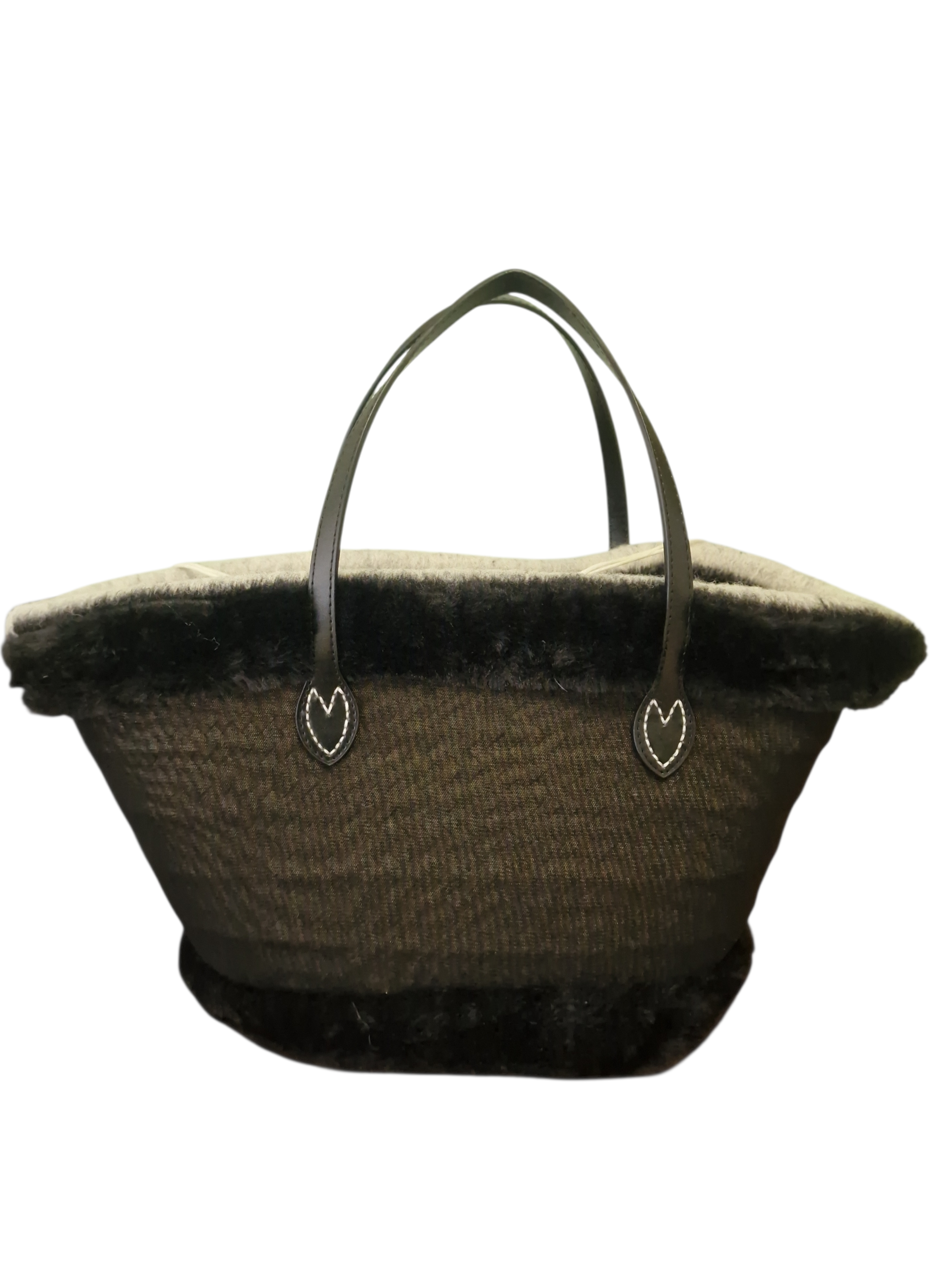 retro della borsa coffa nera stellata con tessuto velato e manici in pelle nera con bordo in ecopeliccia