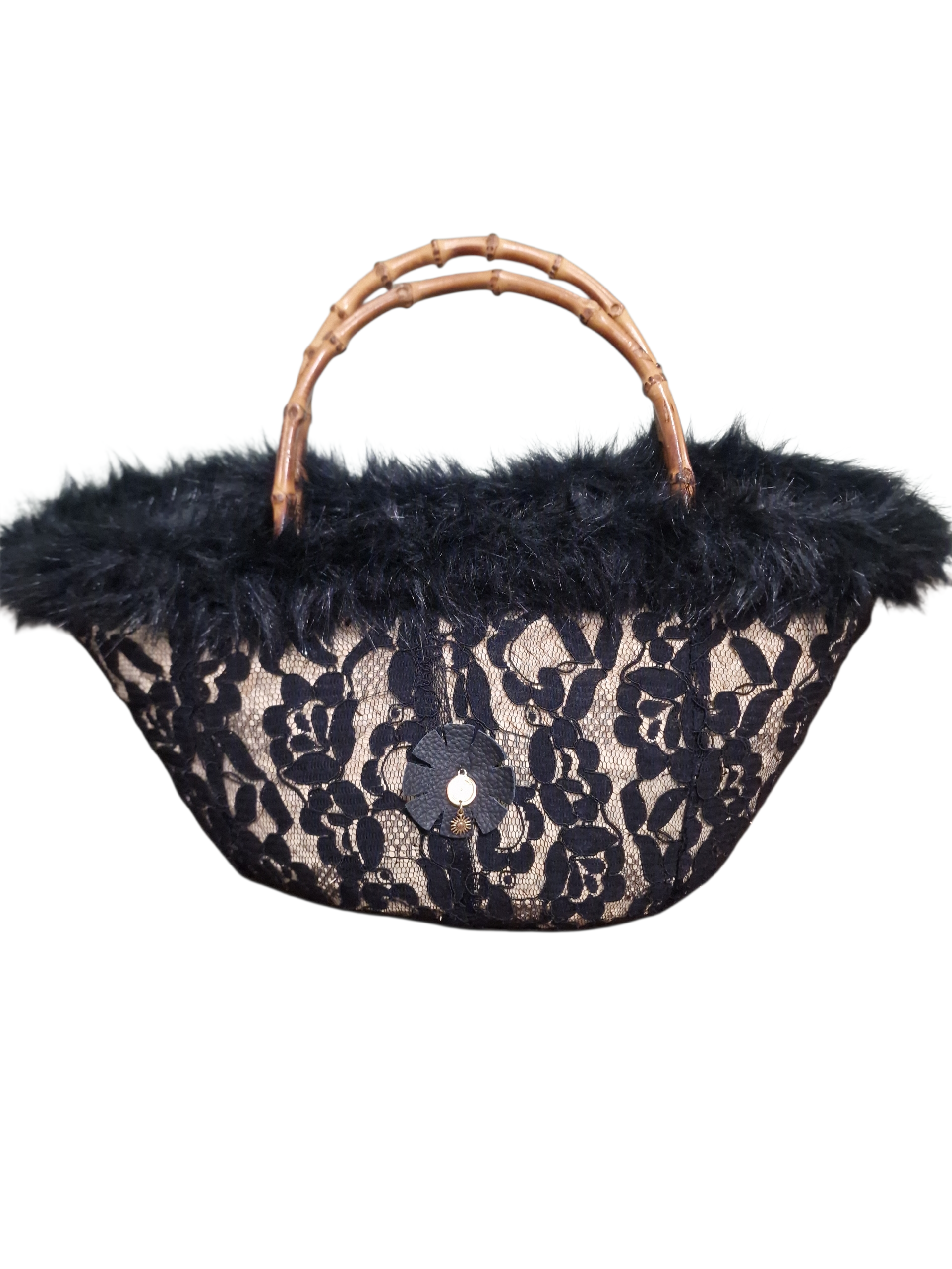 retro della coffa borsa elegante con pizzo e pelliccia e con fiore in pelle naturale nero e ciondolo in metallo dorato