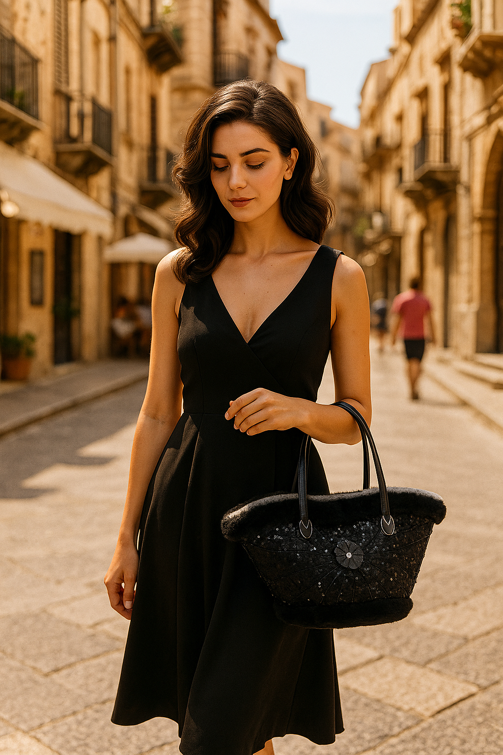 Donna chic con borsa artigianale nera in lana e paillettes, mentre passeggia tra le vie eleganti di Cefalù. Moda siciliana contemporanea.