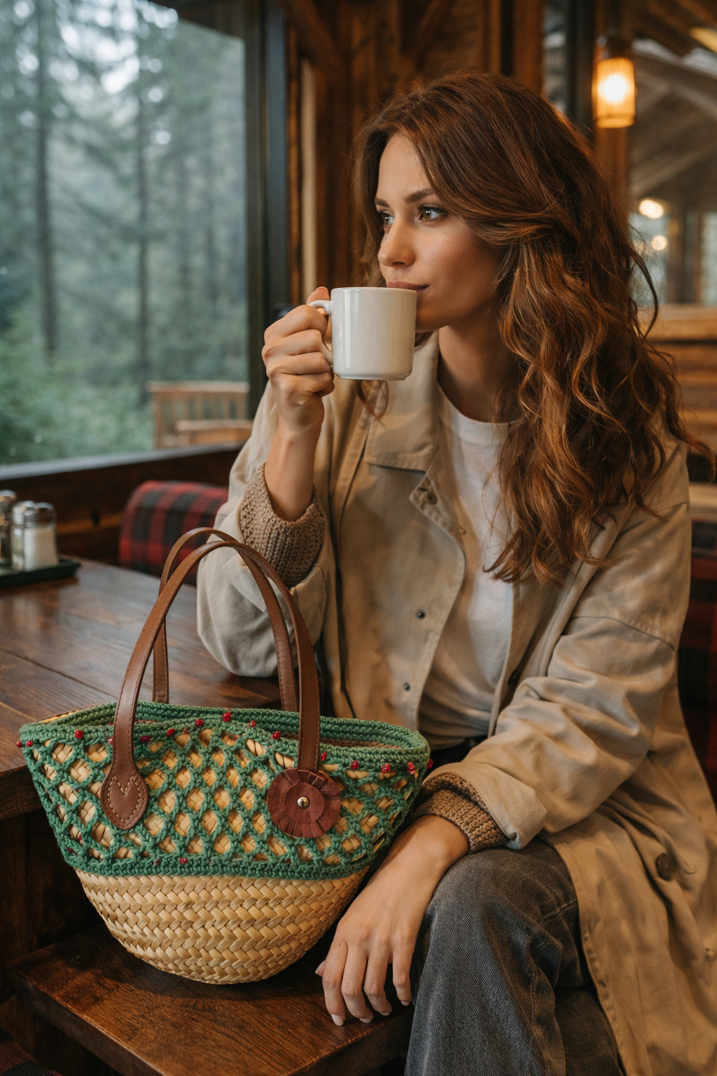 modella che sorseggia un caffe in un rifugio nel bosco con la coffetta aliva vicino realizzata in palma nana intrecciata a mano e rivestita ad uncinetto e manici in pelle marrone