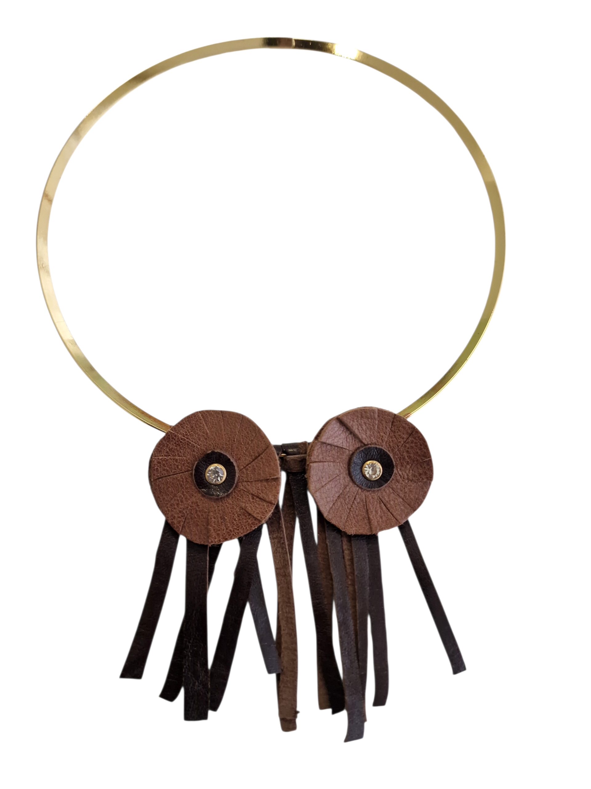 Collana girocollo Ammuri Oro di Terra con cerchio dorato e frange in pelle cocco