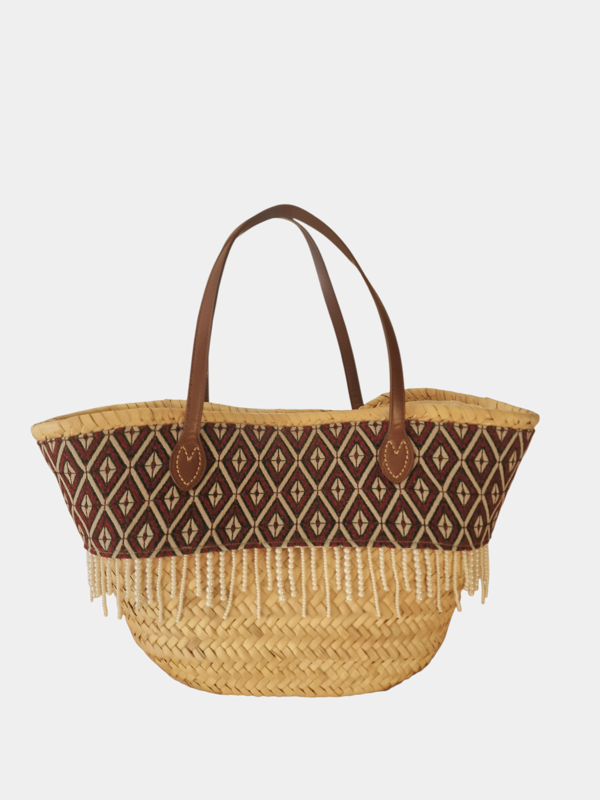 Perlina borsa coffa Ammuri fotografata dal dietro con tessuto effetto geometrico e frangia di perle