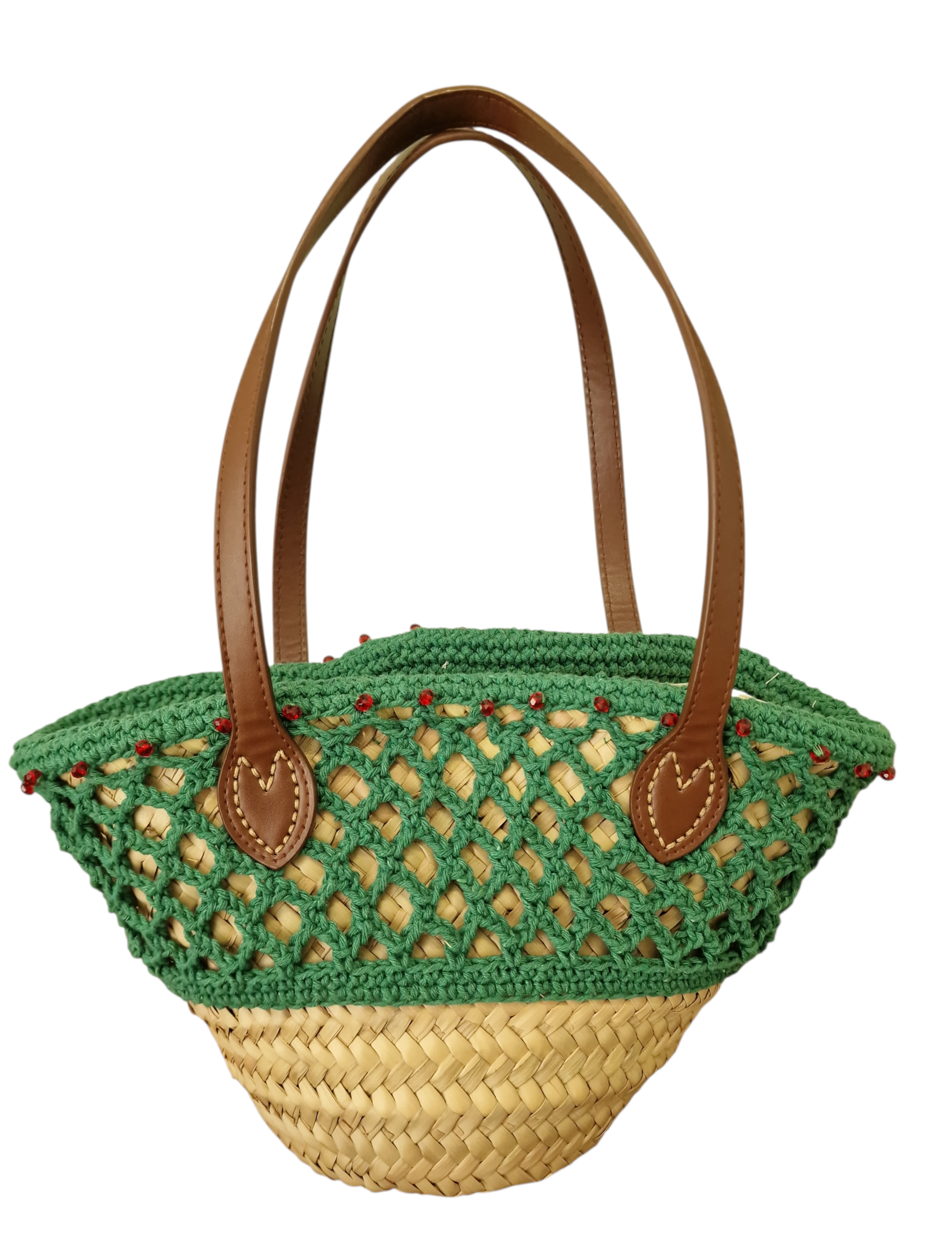 retro della coffetta Aliva rivestita in cotone lavorato a mano ad uncinetto , applicazioni con punti luce rossi e manici in pelle vera color marrone