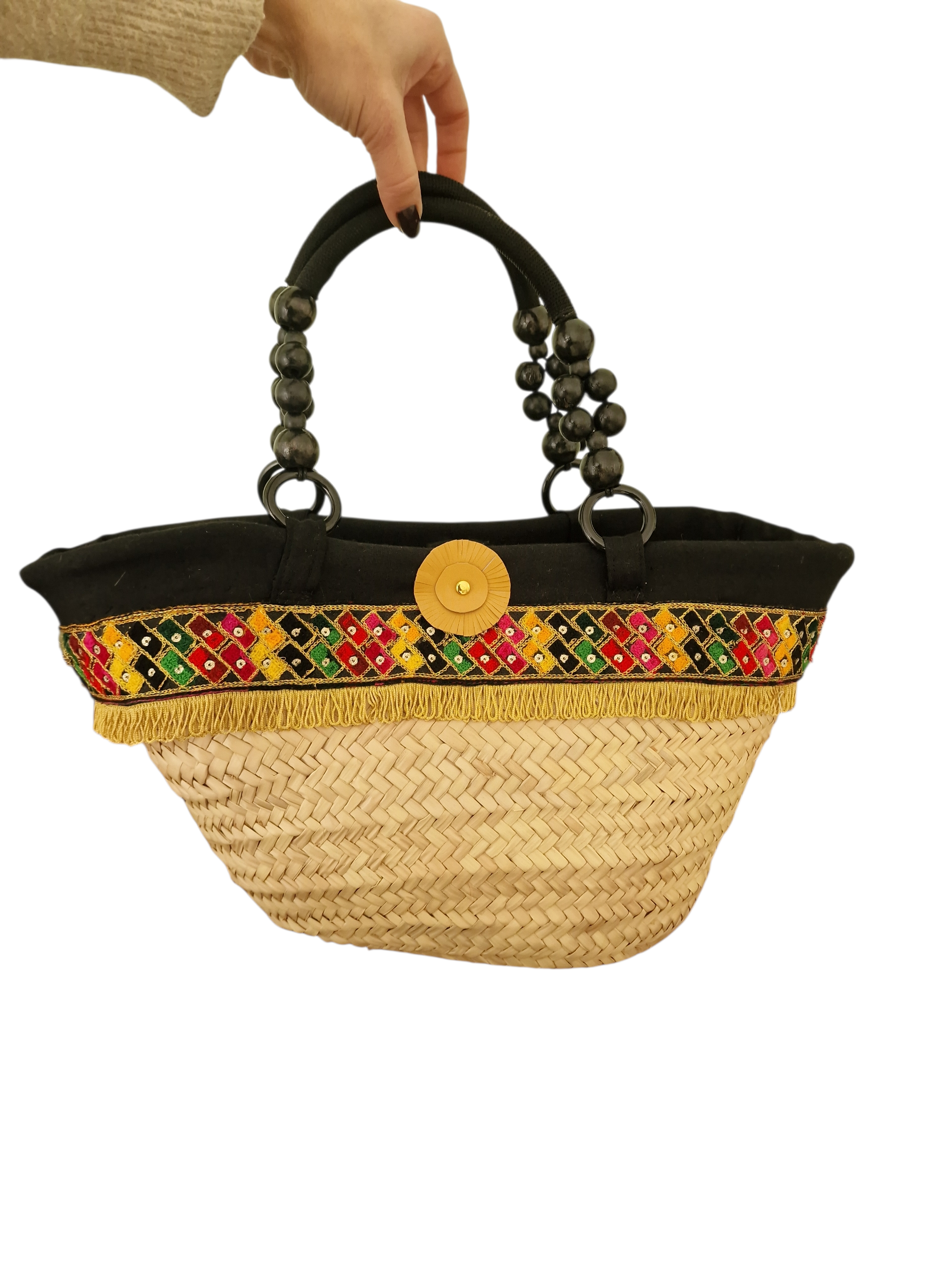 foto borsa carminia rivestita con fascia fantasia multicolor e frangia dorata con manici in legno e corda color neri