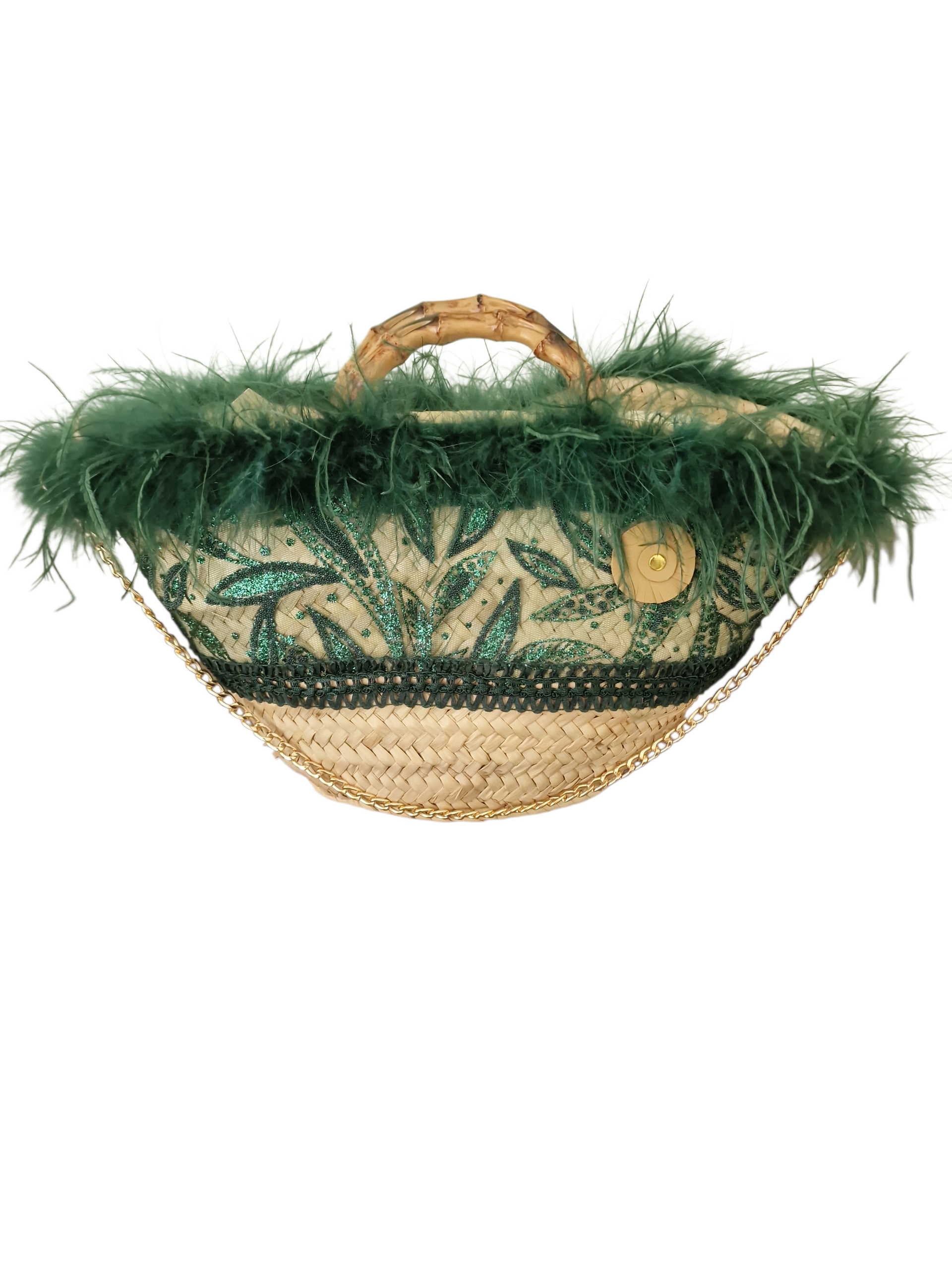 borsa ammalia in palma nana intrecciata a mano rivestita di tessuto gioiello verde con paillette
