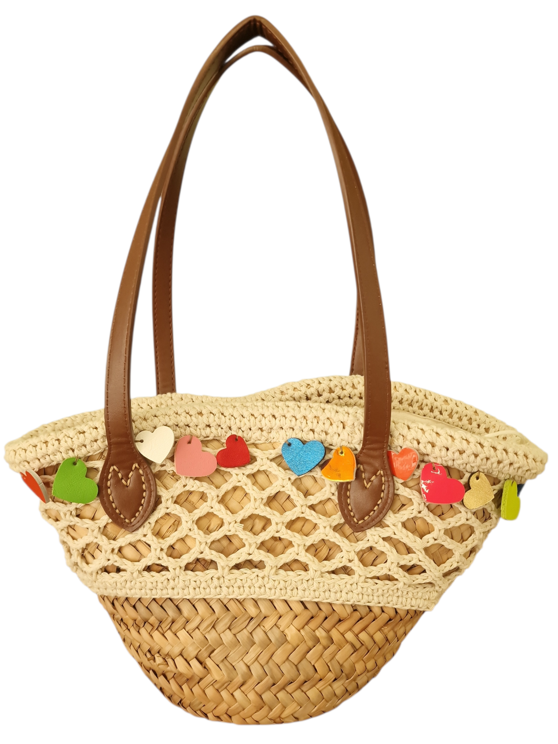 retro della coffetta ammuri con uncinetto a fascia color panna e cuori in pelle colorati fatti mano , manici in pelle marrone