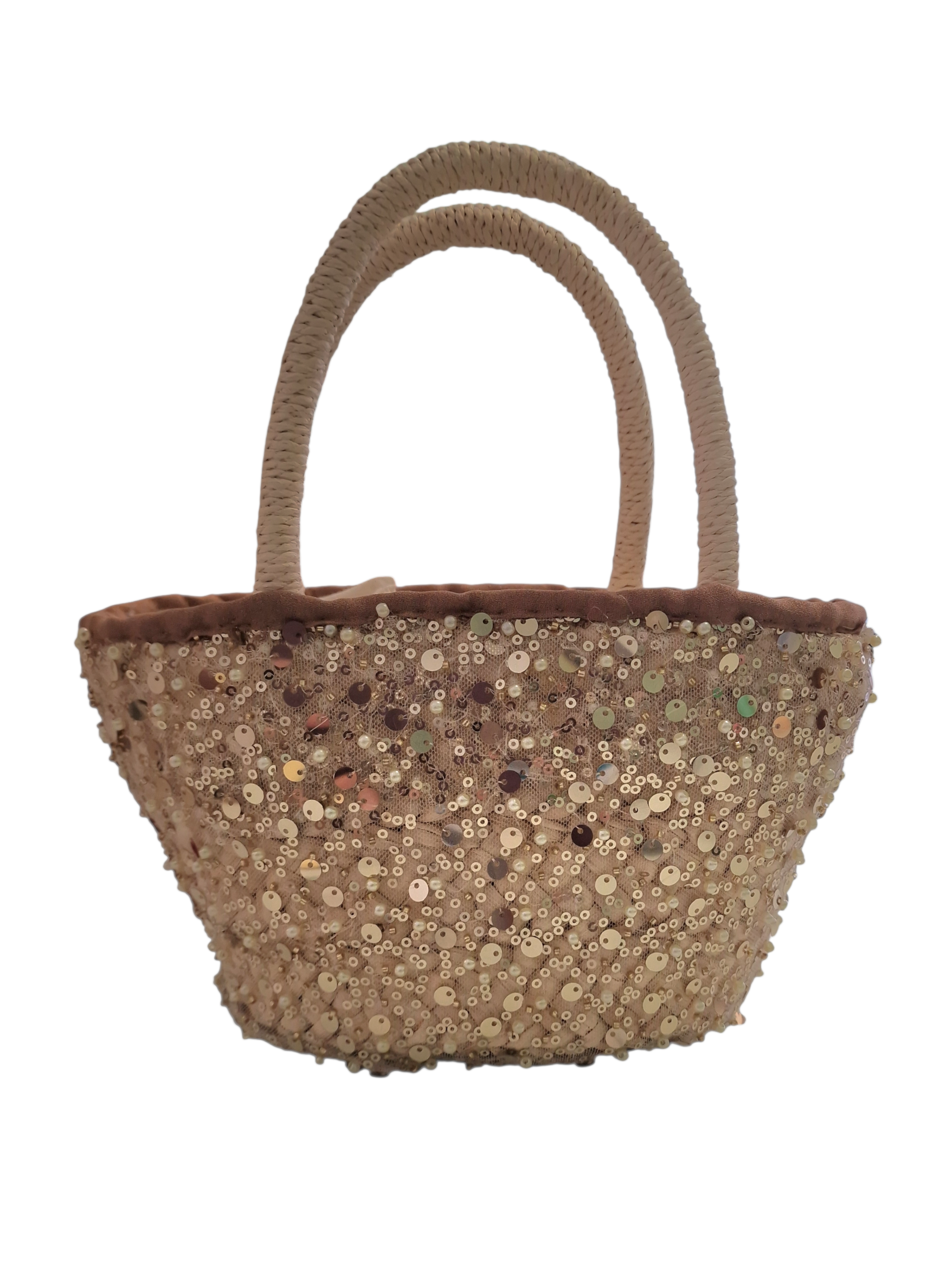 coffetta ammuri retro della borsa rivestita di paillette e manici intrecciati di palma nana con bordino in tessuto color nude caldo