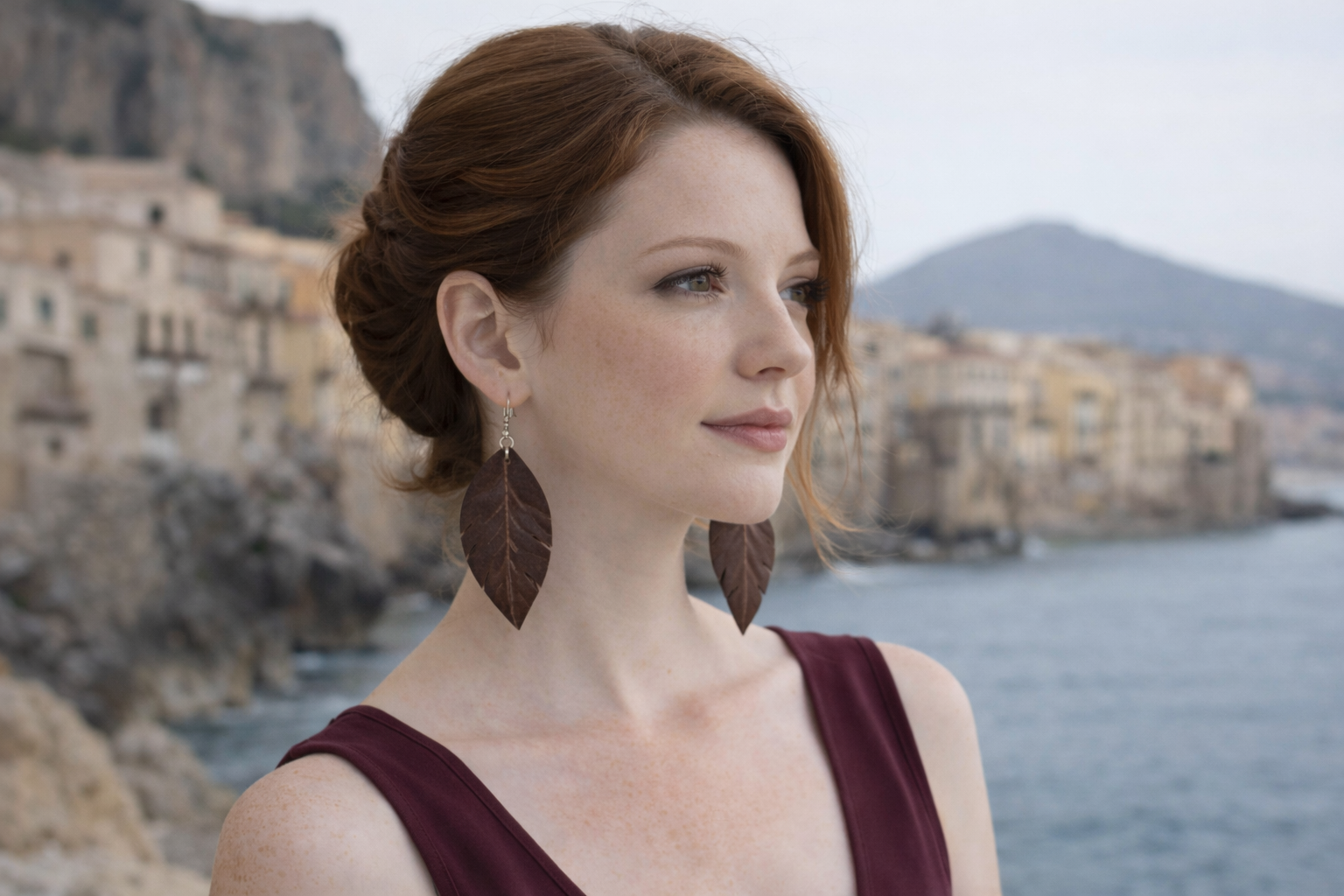 Orecchini Fronda in pelle marrone su modella in Sicilia, orecchini artigianali leggeri ed eleganti