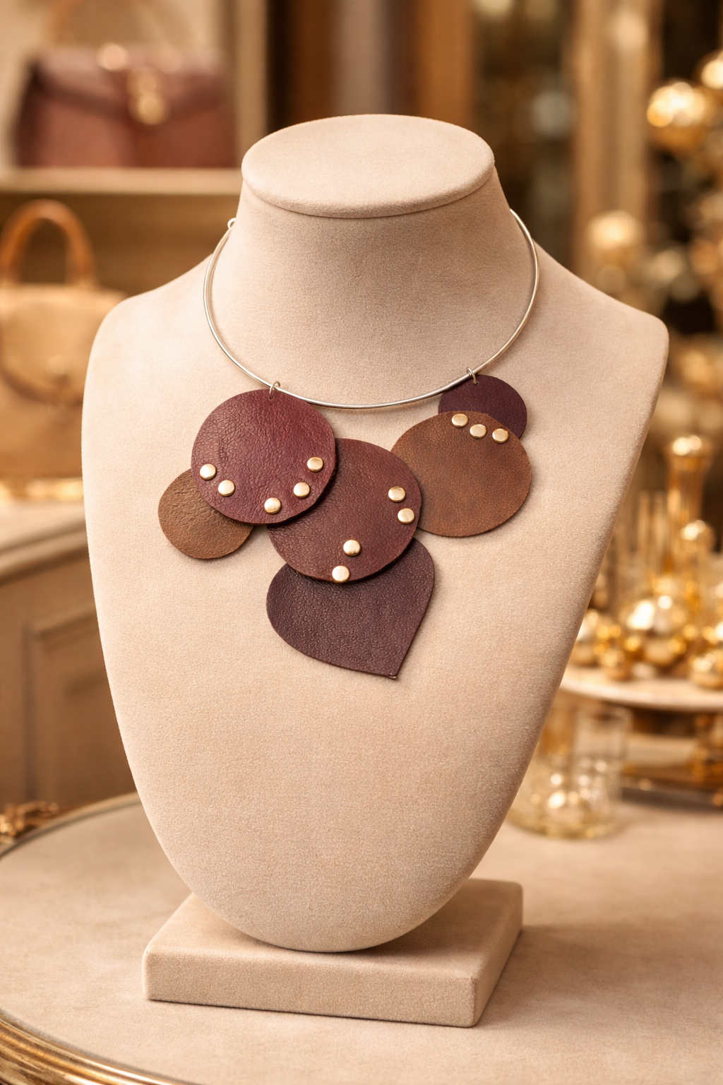 Collana Incanto Ammuri esposta su busto velluto in boutique accessori con cuori in pelle e dettagli dorati