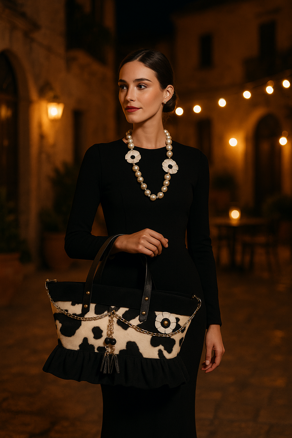 Donna con coffa artigianale bianco e nera in un vicolo siciliano di sera