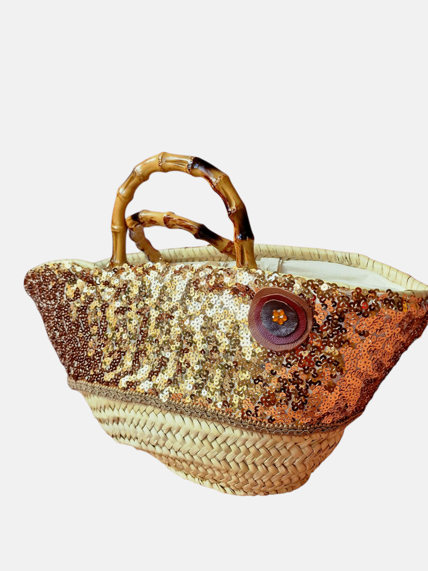 Coffa Splendura Ammuri- borsa artigianale siciliana con manici in bambù e paillette doratye, fatta a mano in sicilia