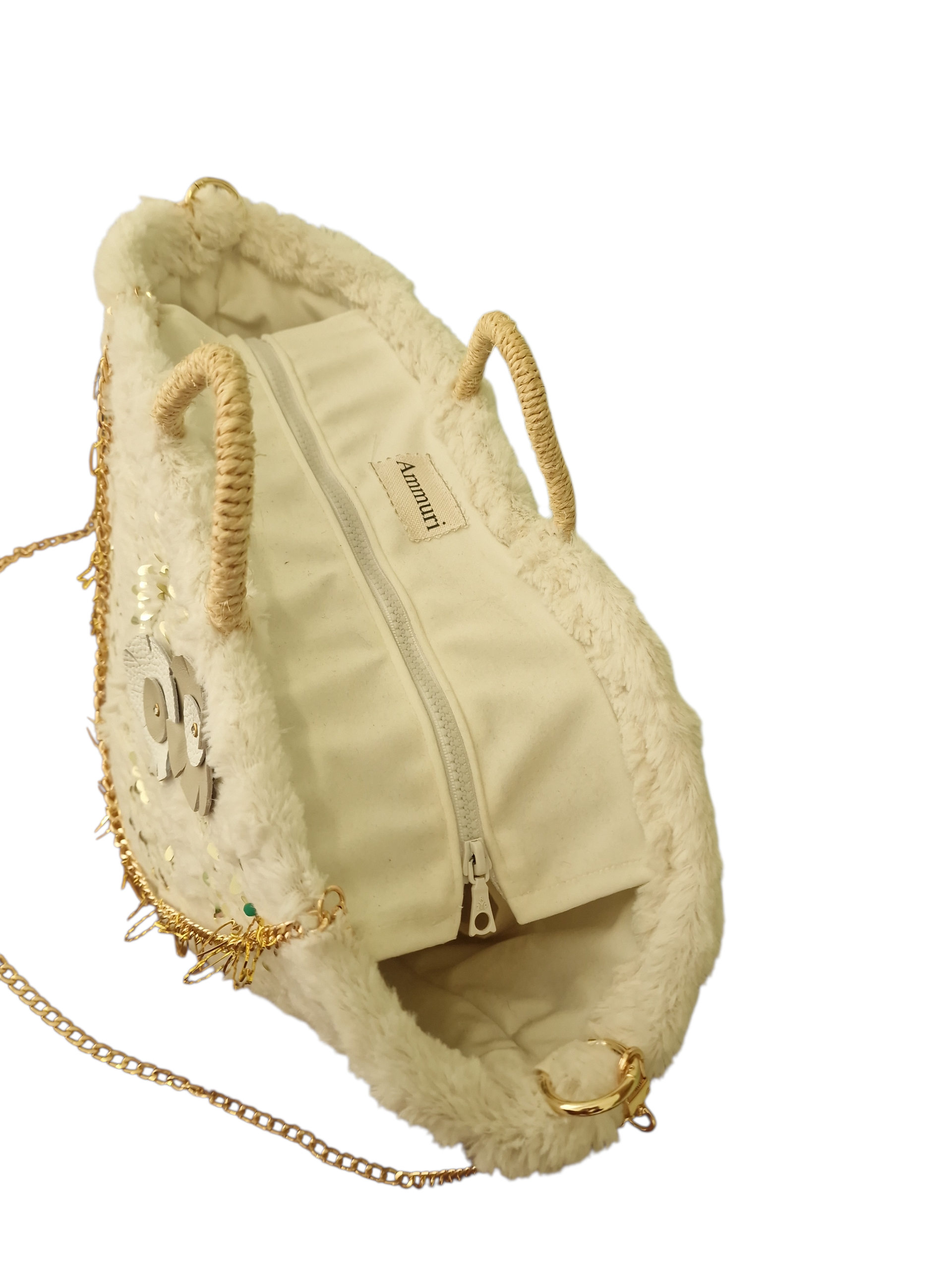 foto dall'alto della borsa siciliana aurora con chiusura a cerniera e rivestita in tessuto vellutato