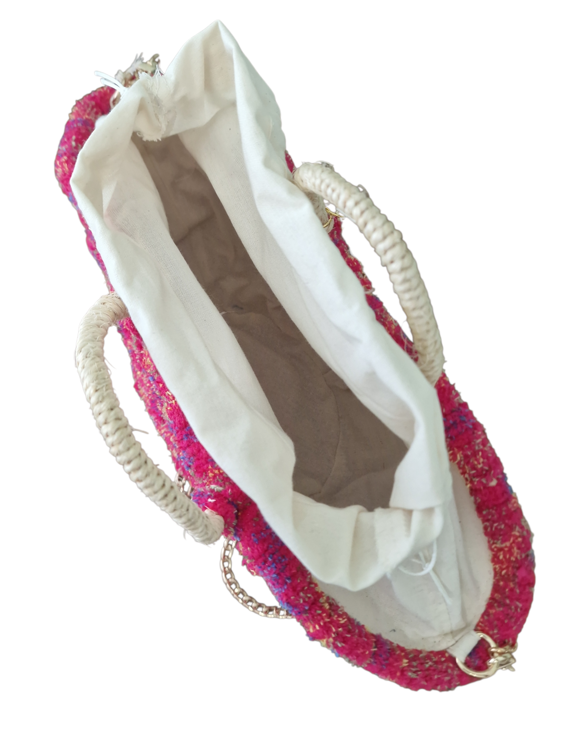 vista del sacchetto interno con cotone grezzo naturale color panna e tasca con cordoncino