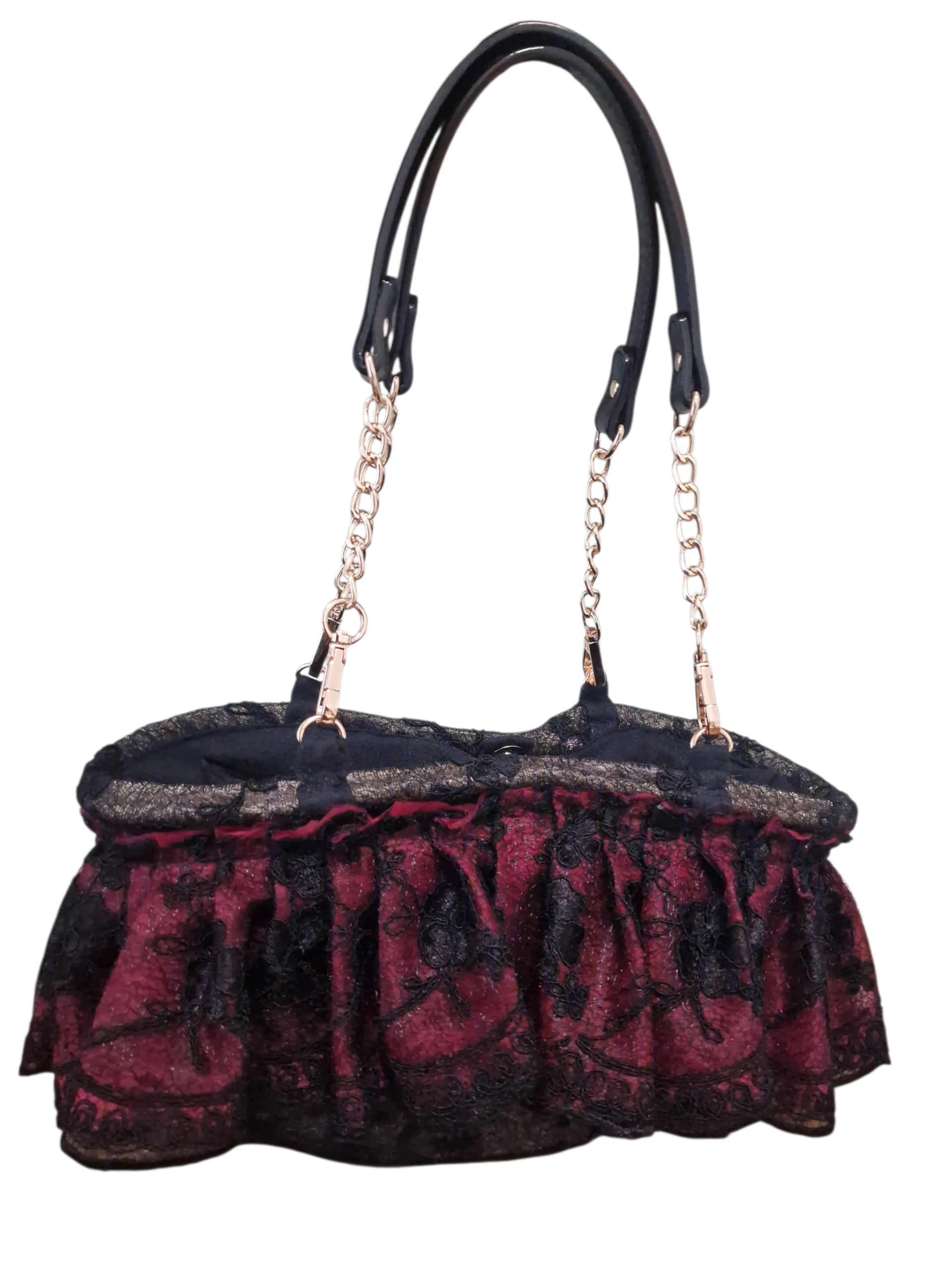 Coffa Ammuri Notte di Marsala in pizzo nero e chiffon rosso con manici in pelle nera