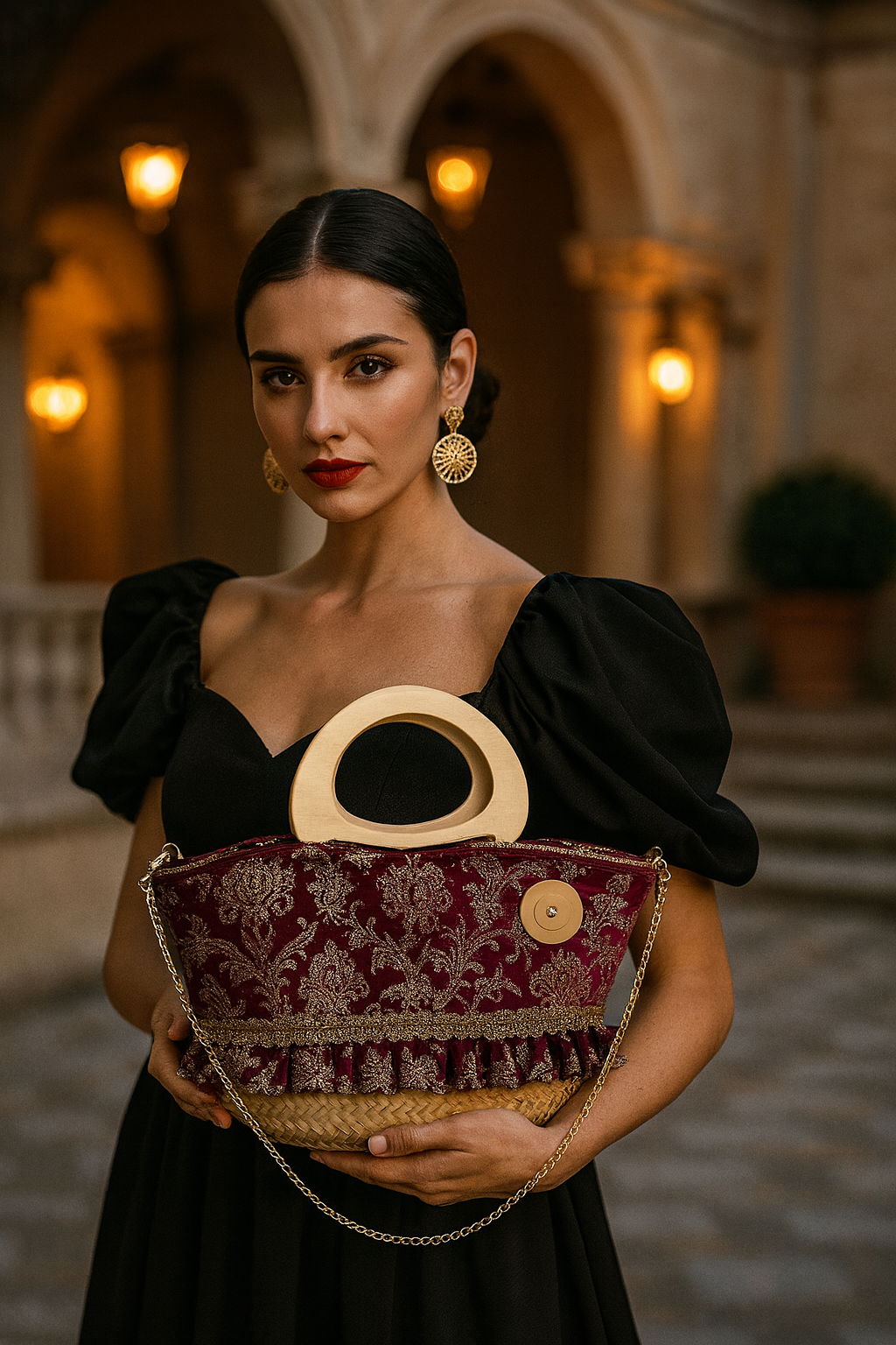 Donna elegante con coffa artigianale Scintilla in velluto burgundy ricamato oro, scattata in una location siciliana al tramonto.