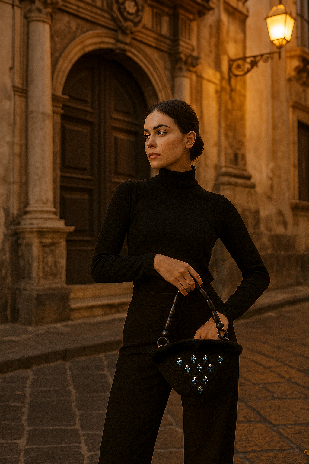 Donna sofisticata con borsa artigianale siciliana in lana nera, fotografata davanti a palazzo storico di sera. Stile eleganza notturna.