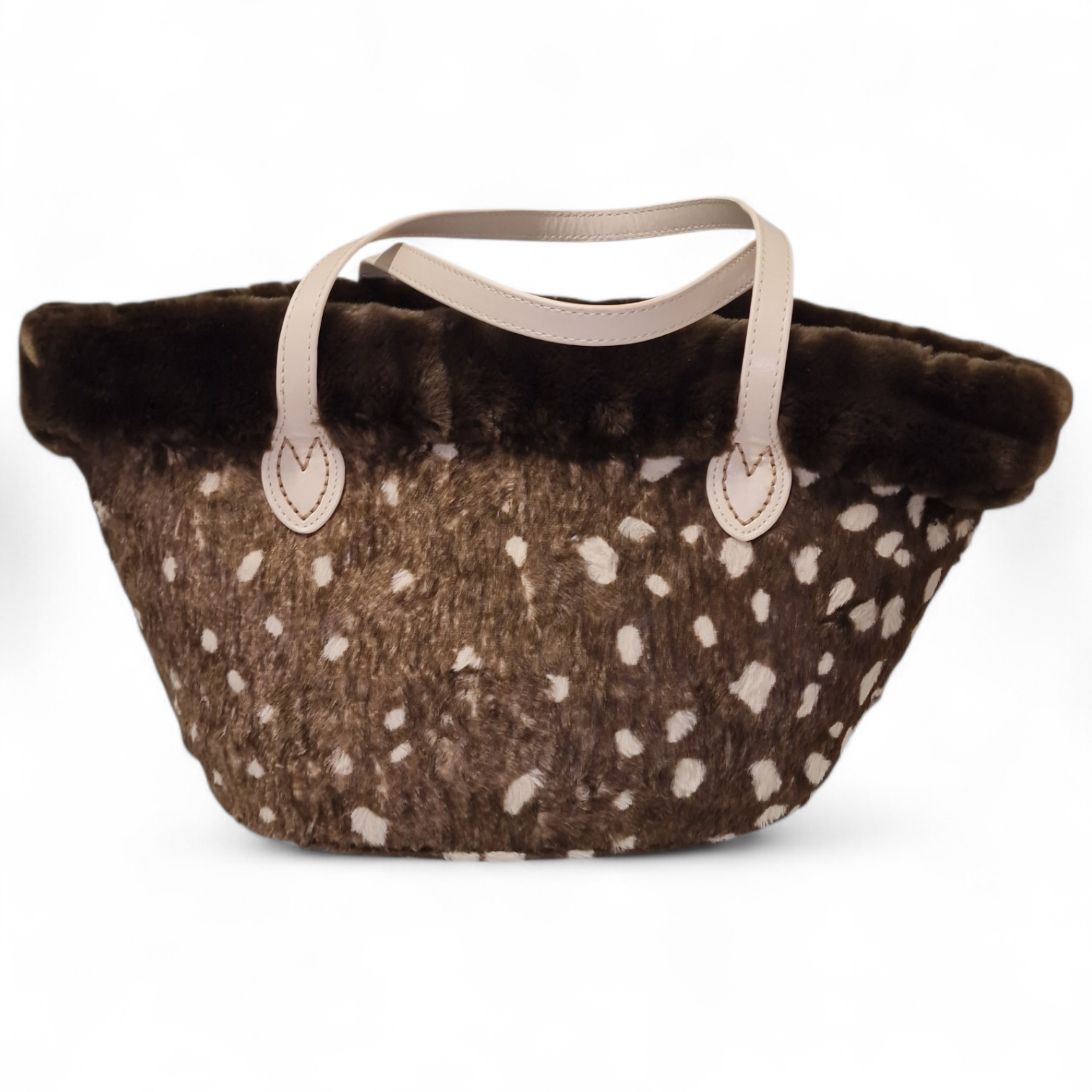 borsa terra vciva vista da dietro con rivestimento cavallino e bordo in velluto con manici in pelle panna