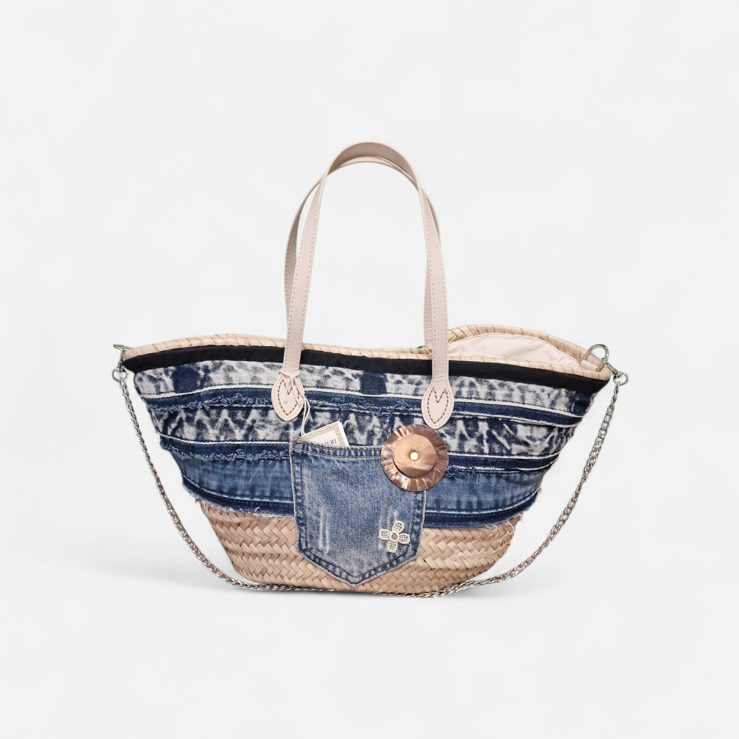 borsa coffa sole di denim vista frontale , urban chic con materiale in denim e fiore in pelle naturale