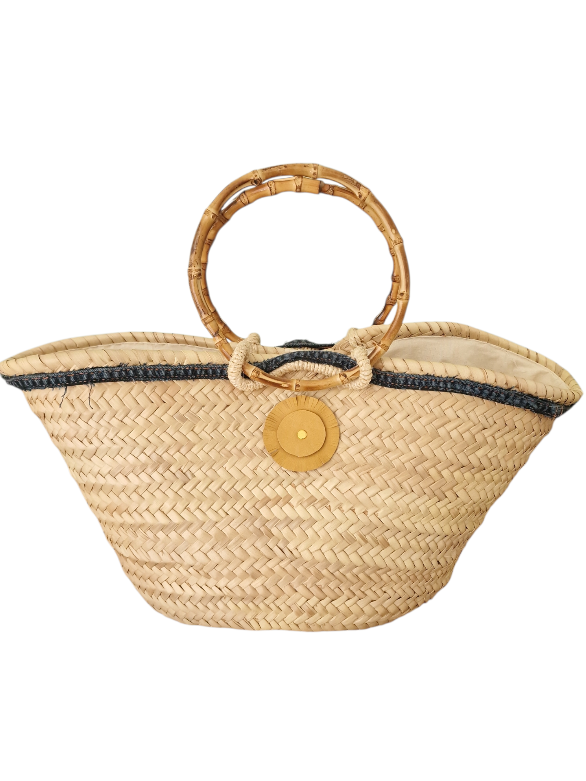 retro della borsa zenusa con passamaneria in denim e fiore in pelle naturale ammuri, manici in bambù