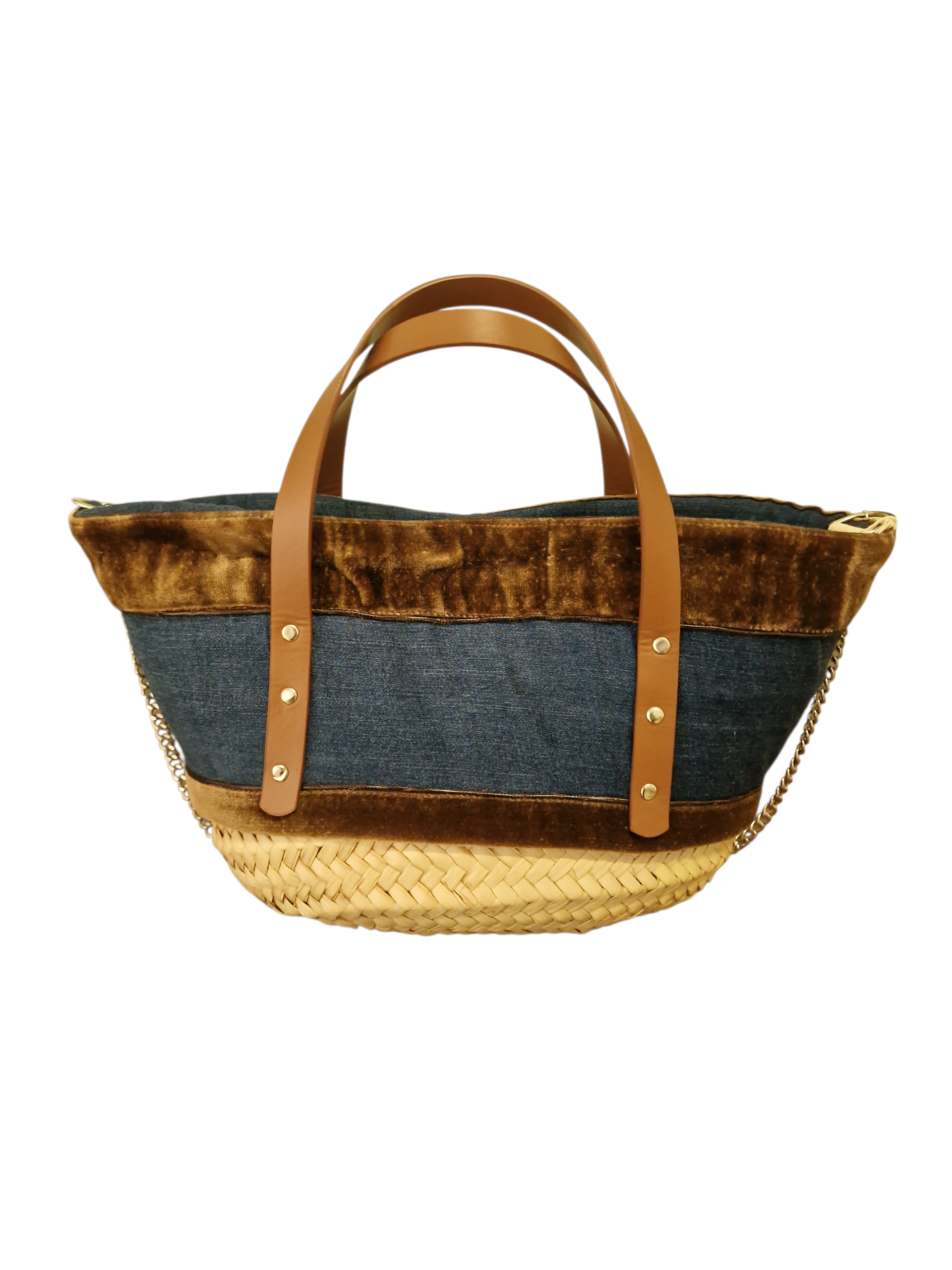 retro della borsa zafira della collezione ammuri rivestita con velluito marrone e denim con applicazioni in pelle e manici in pelle