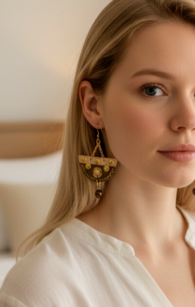 Primo piano laterale su modella con orecchini Ammuri Coffetta, pelle verde e rosa cipria, catene dorate e bottoncini in stile gioiello.