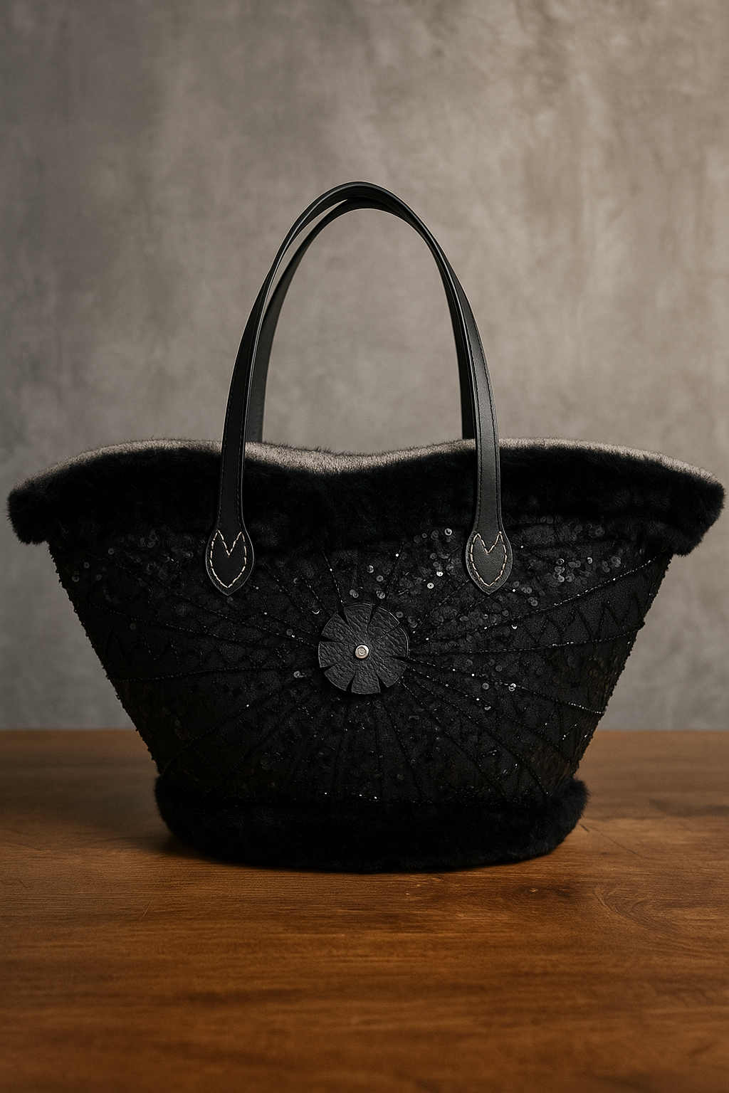 Primo piano borsa artigianale nera in lana con paillettes e fiore decorativo. Artigianato siciliano di lusso.