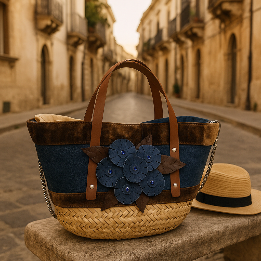 Dettaglio della coffa artigianale Zafira, realizzata a mano con materiali naturali e fiori in pelle