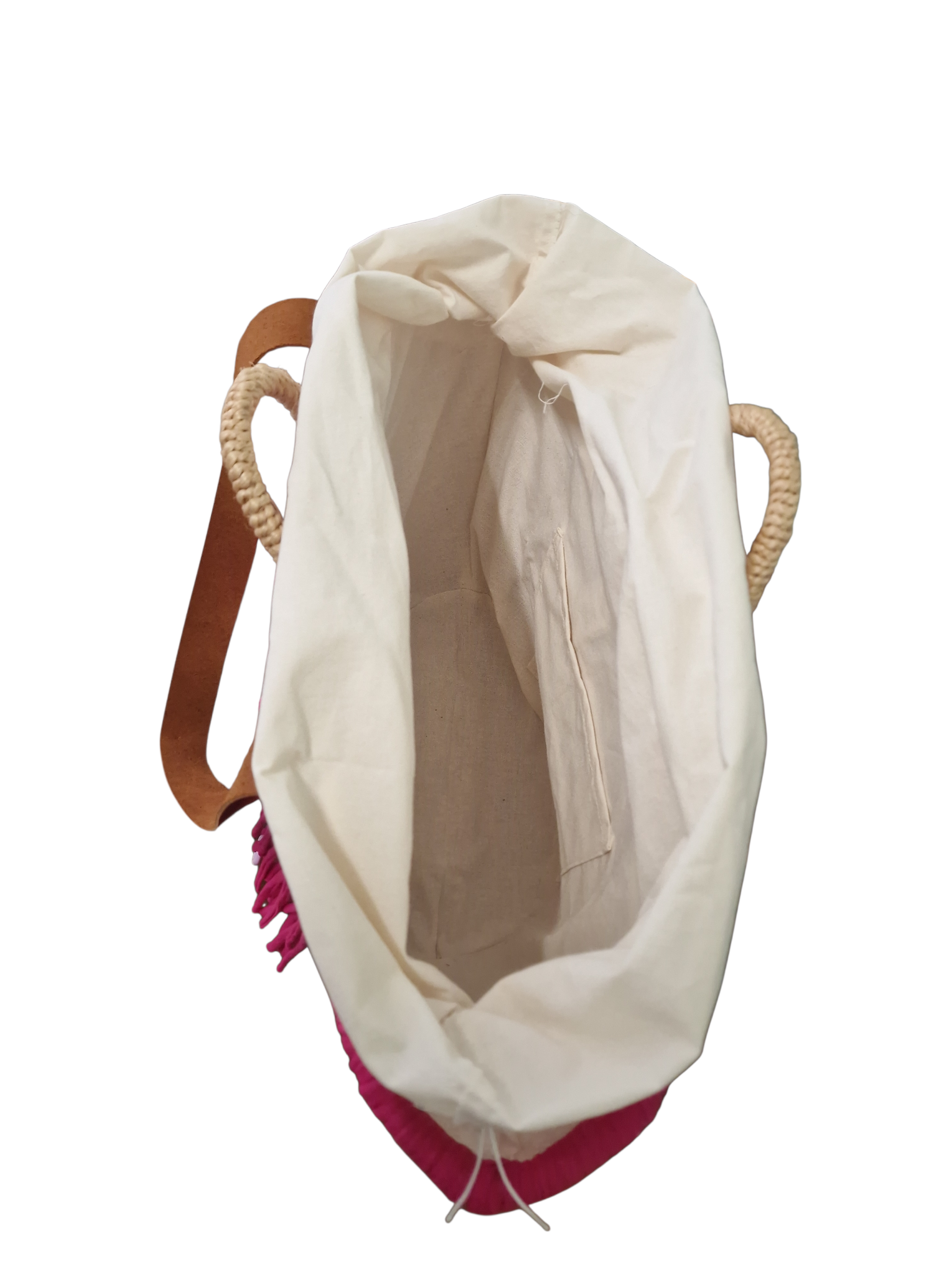 vista dell'inteerno della maxi coffa ammuri con sacchetto interno in cotone grezzo naturale color panna e tasca