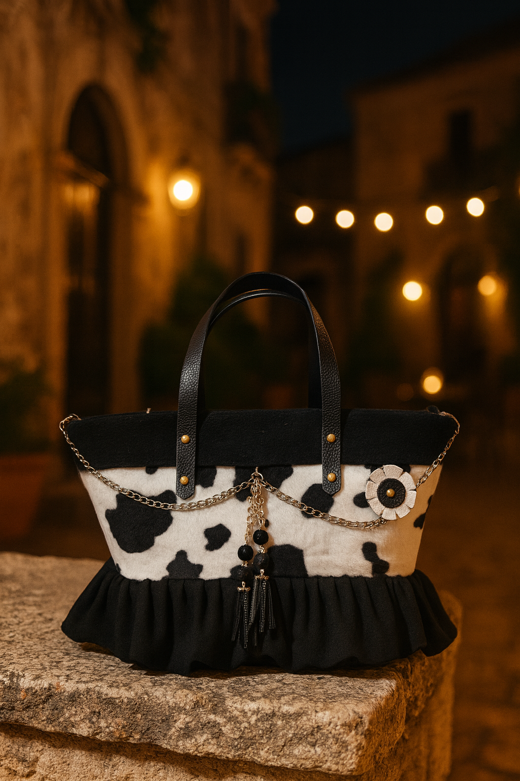 Coffa siciliana artigianale bianco e nera su pietra in location notturna in Sicilia