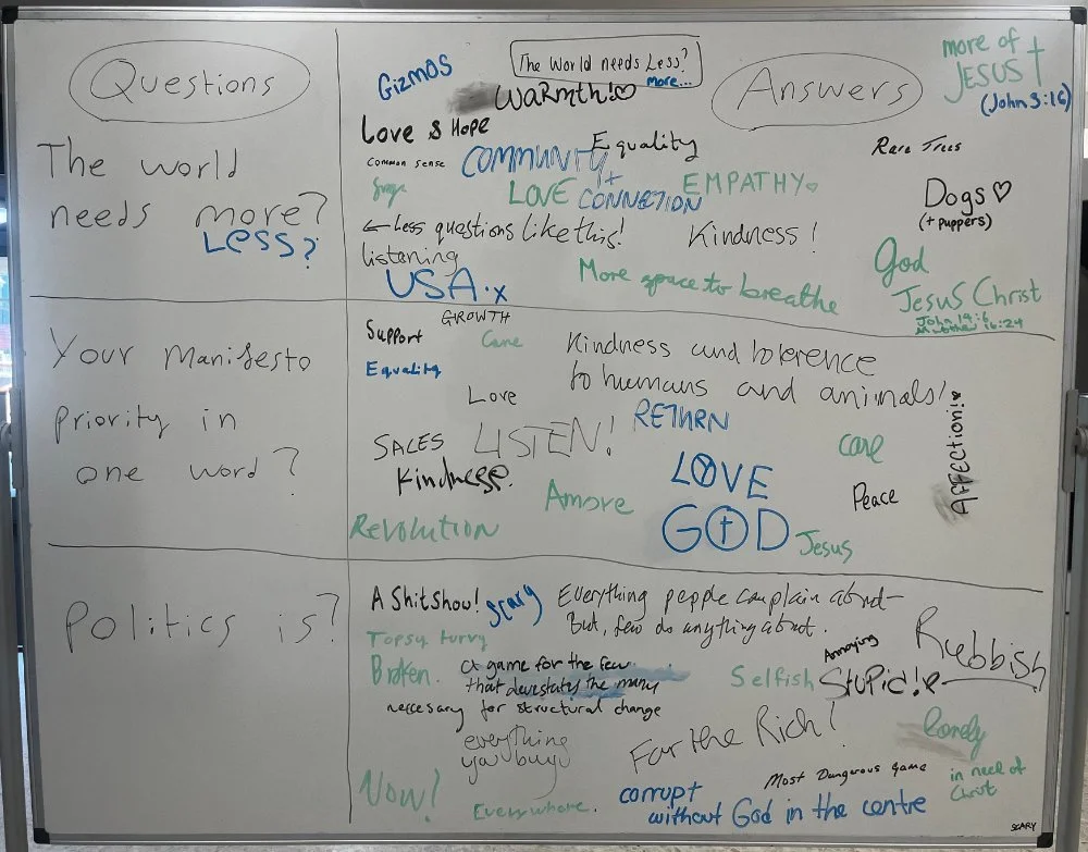 Words and Power, pen on whiteboard, 2025