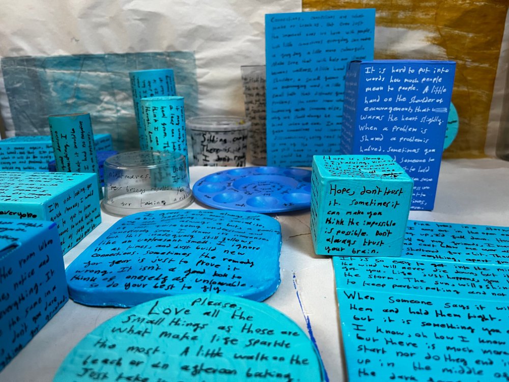 Words That Transform, pen and ink on painted objects, 2024