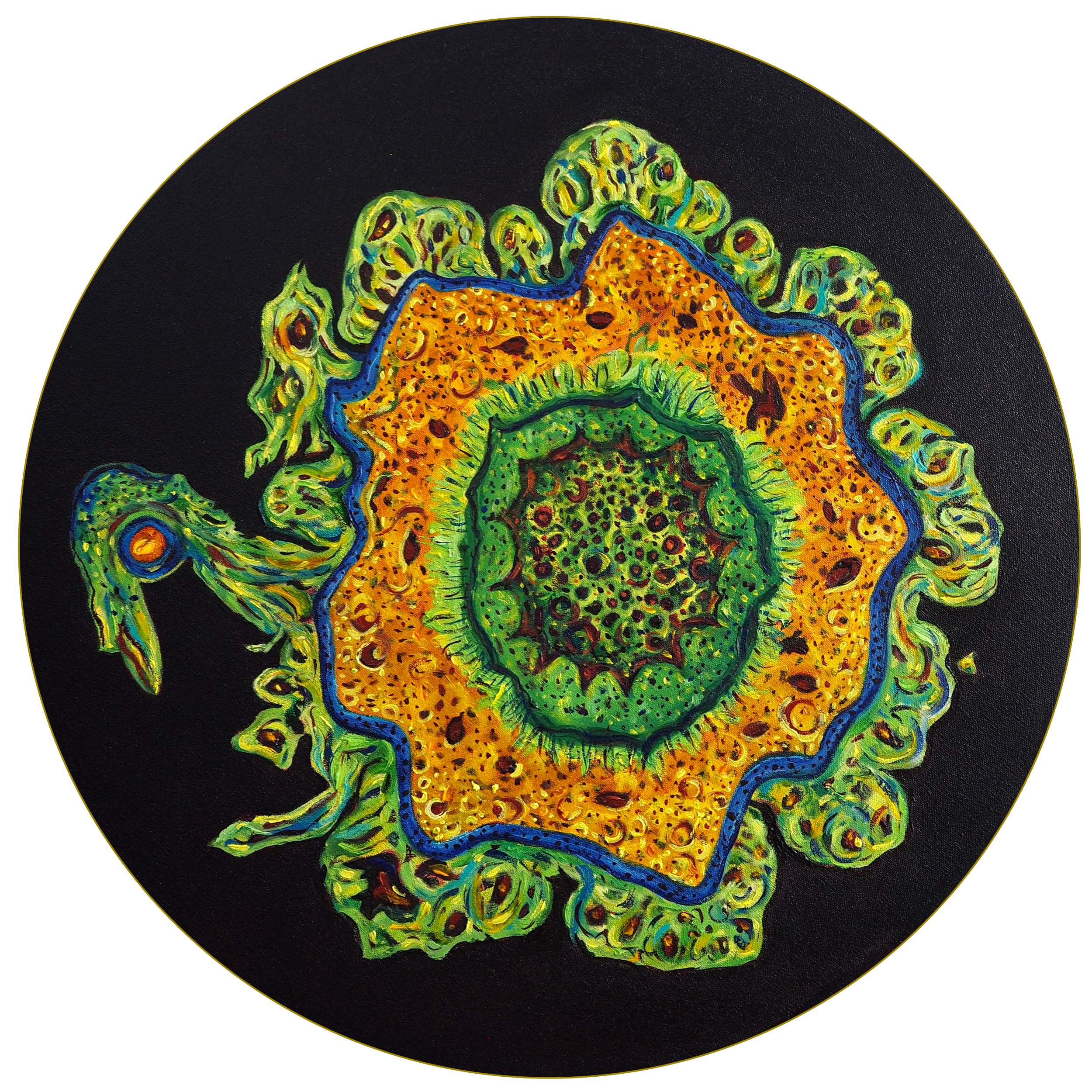 A vibrant, abstract painting of a symmetrical, flower-like shape with green, orange, blue, and yellow colors on a black circular background.