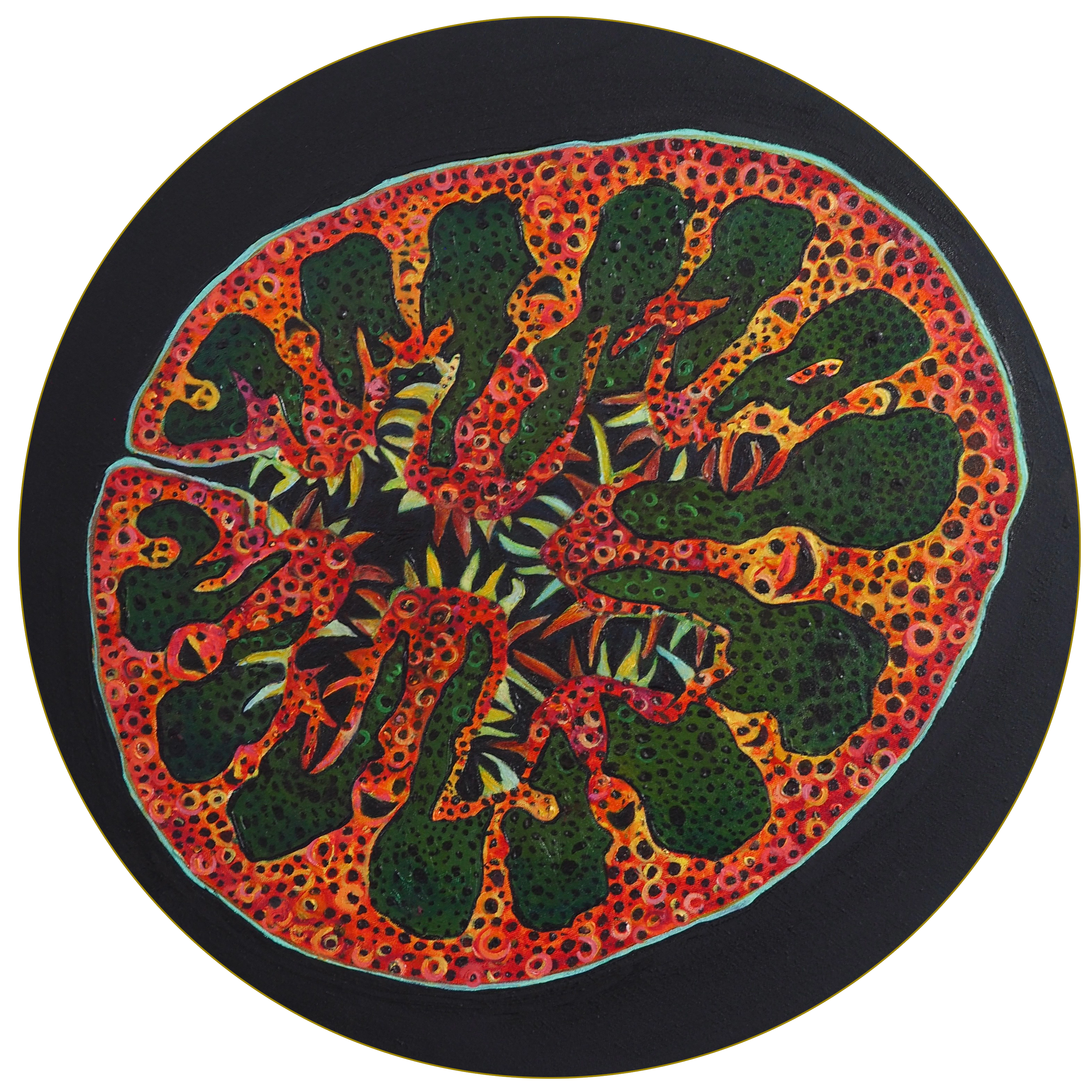 Colorful, abstract painting of a circular shape with intricate green, red, orange, and yellow patterns on a black background.