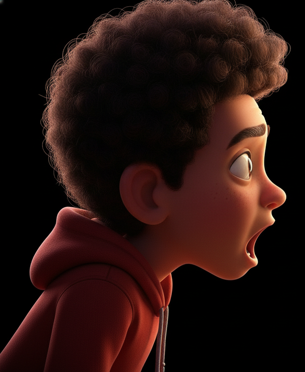 Animated young boy with curly hair, wearing a red hoodie, looking surprised or shocked, against a black background.