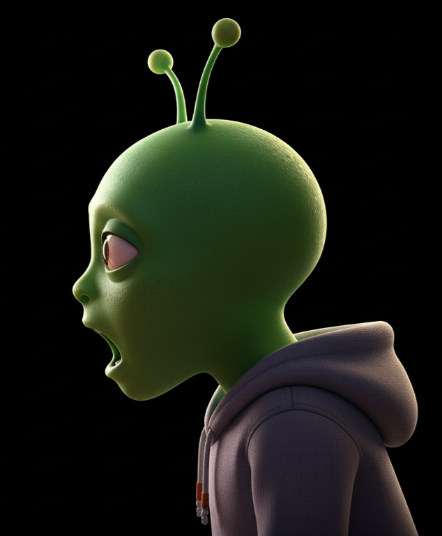 A green cartoon alien with antennae, wearing a hoodie, looks surprised or yawning against a black background.