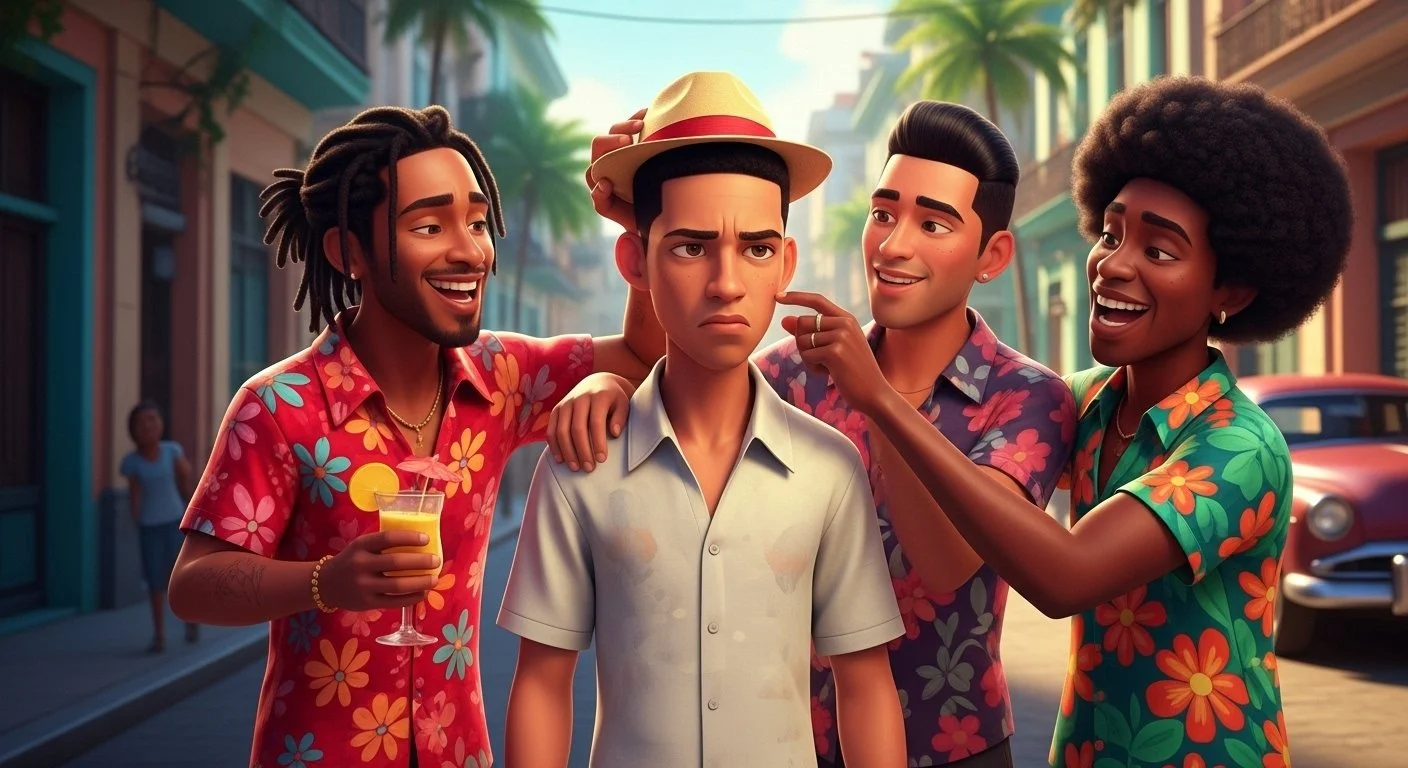 Four young men with tropical shirts are sitting on a street with palm trees, dressed in colorful attire, smiling and teasing a young man in the center who looks upset. The setting appears to be a lively, sunny neighborhood with a vintage car in the background.