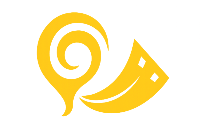 A yellow and black logo featuring a stylized smiling banana with a swirl design.