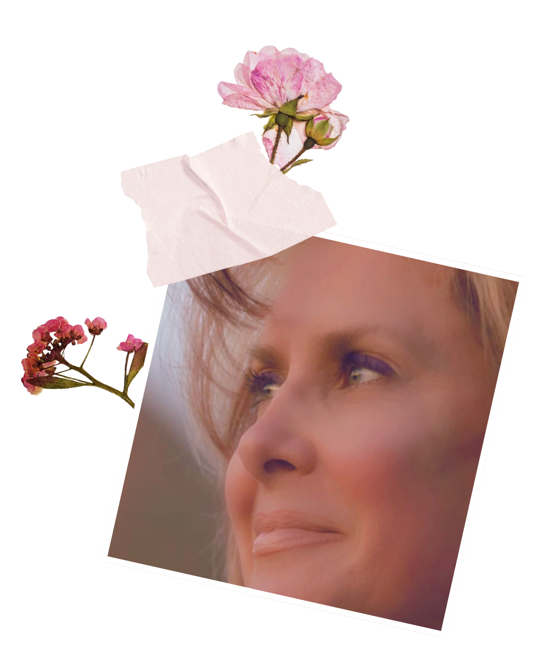 Close-up of a smiling woman with short, light-colored hair, surrounded by pink flowers and a torn piece of white paper.