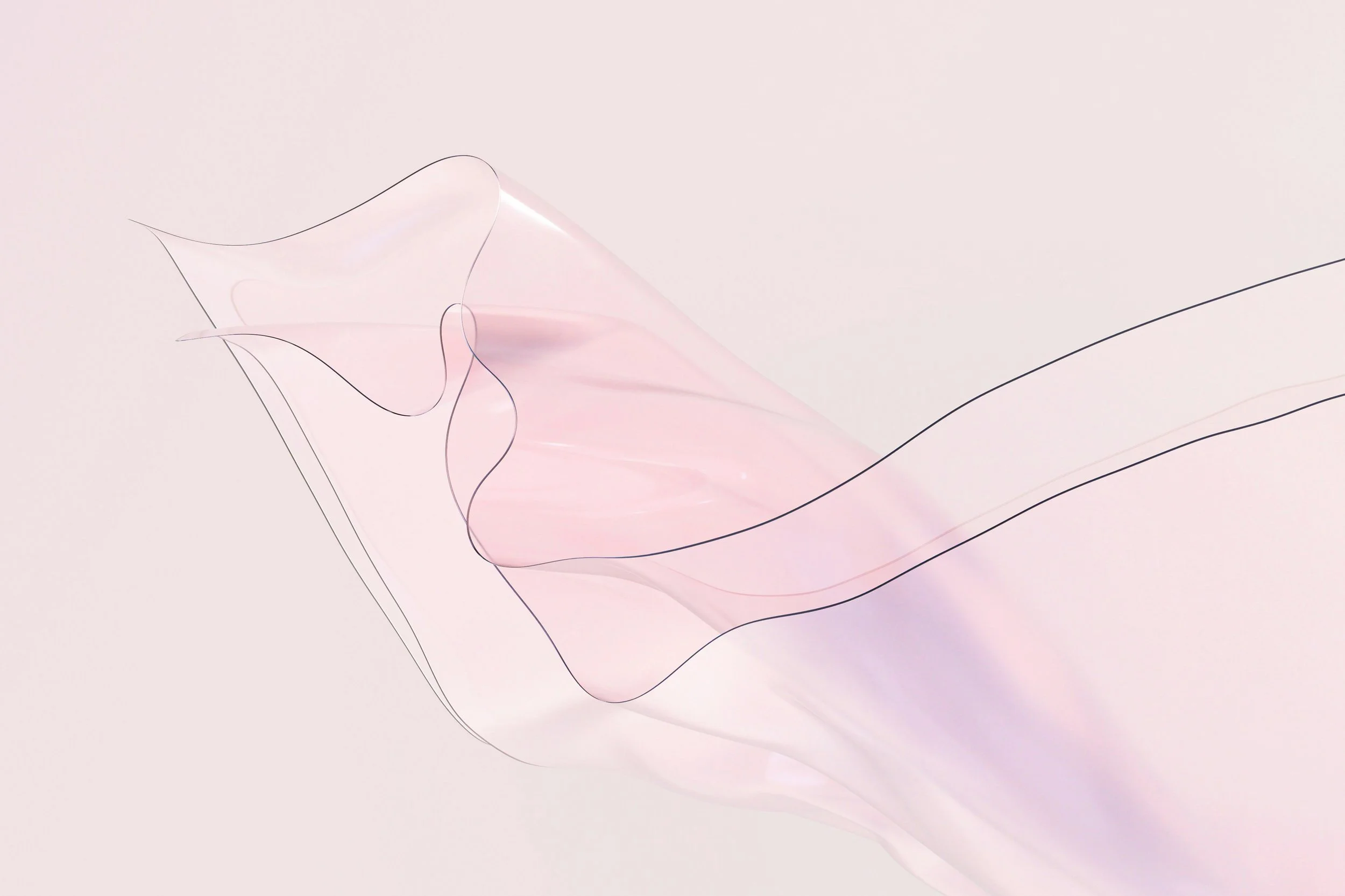 Abstract image of a translucent pink and purple flowing shape with black outline lines on a light pink background.