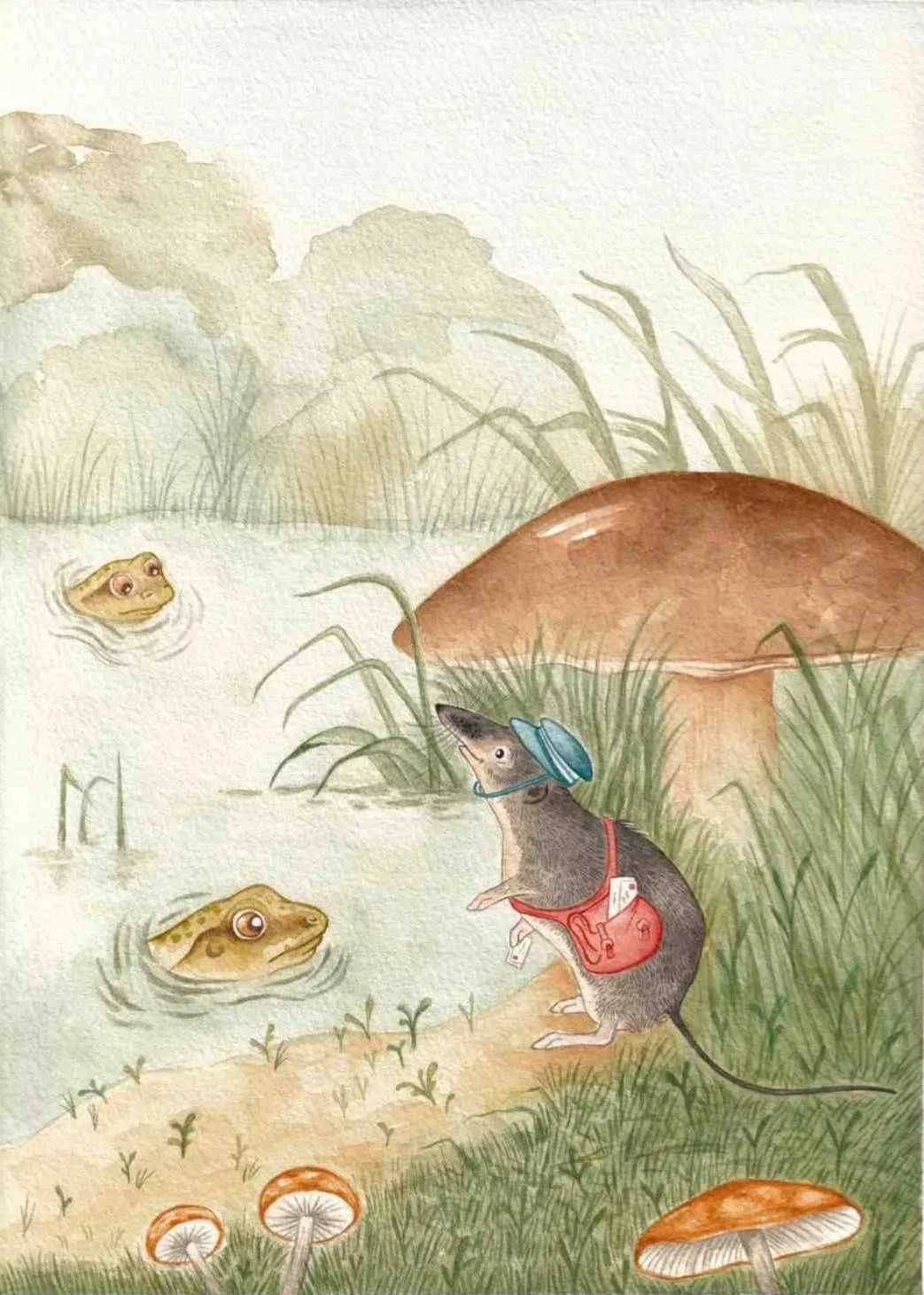 A children's picture book illustration of a shrew and frogs by the river by artist Amy James, freelance illustrator in Northamptonshire. A cosy, whimsical watercolour.
