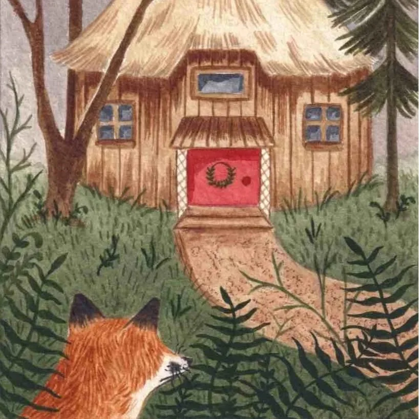 Children's picture book illustration of a cottage in the woods surrounded by ferns and a fox. Painted by watercolour artist Amy James, freelance illustrator based in Northamptonshire.