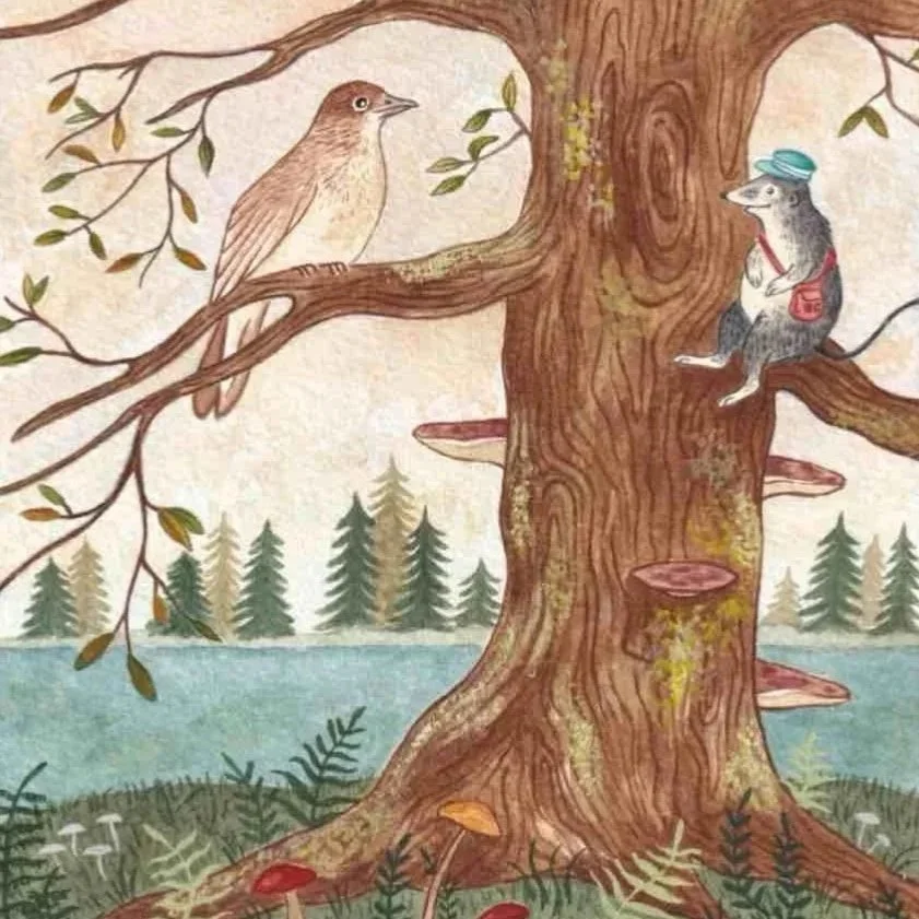A children's picture book illustration of a shrew and a bird talking up a tree with mushrooms and water. By watercolour freelance artist Amy James, based in Northamptonshire.