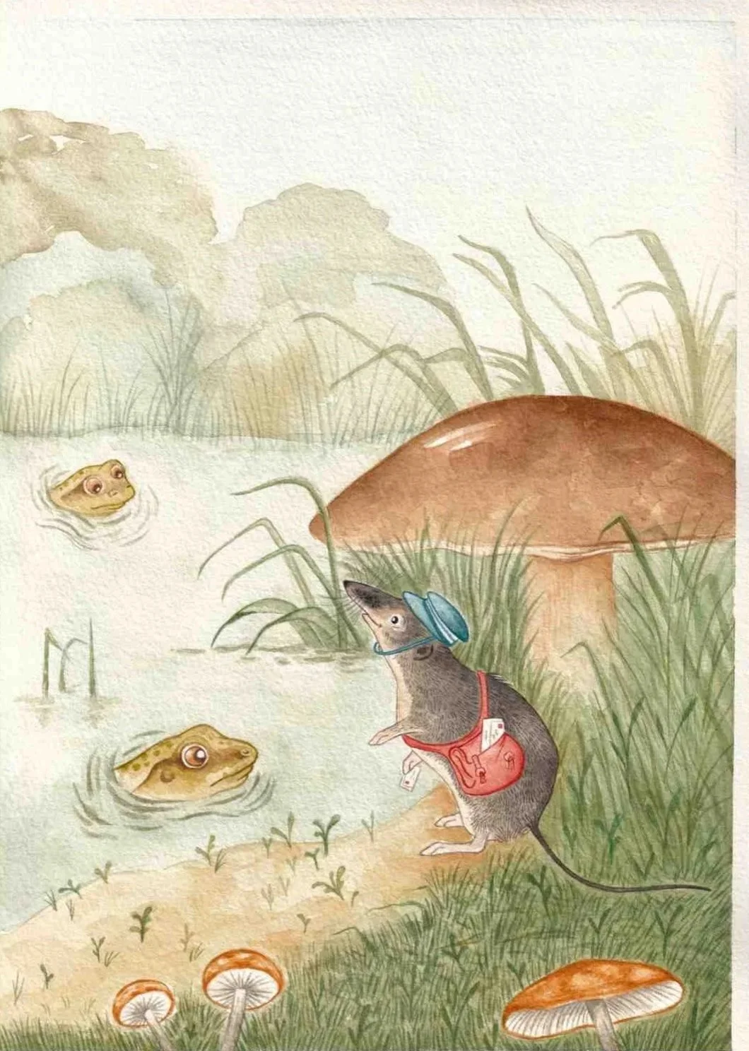 A children's picture book illustration of a whimsical shrew and frog talking by the river A cosy watercolour painting by artist, illustrator Amy James. UK maker from Northamptonshire.