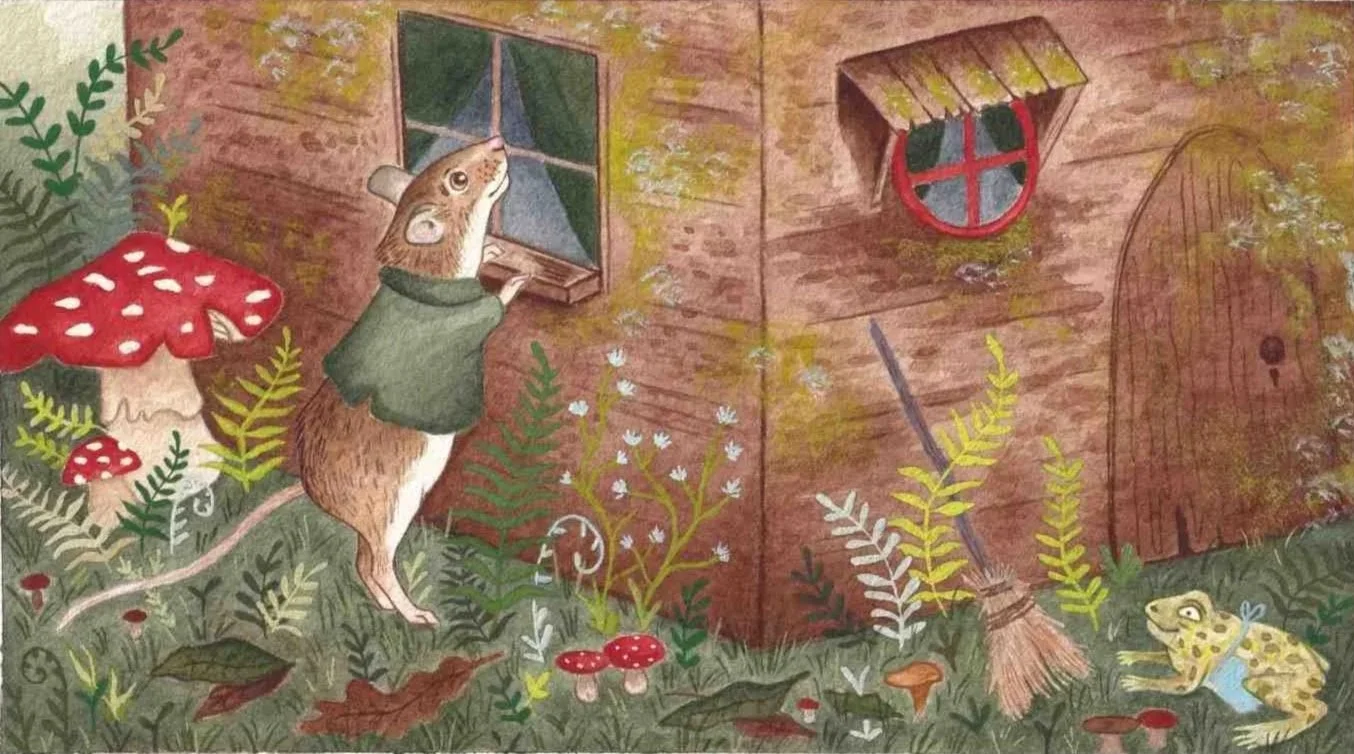 Hansel and Gretel story book inspired children's picture book illustration. Watercolour of a mouse surrounded by mushrooms and plants. By illustrator, artist, Amy James, based in Northamptonshire, UK.