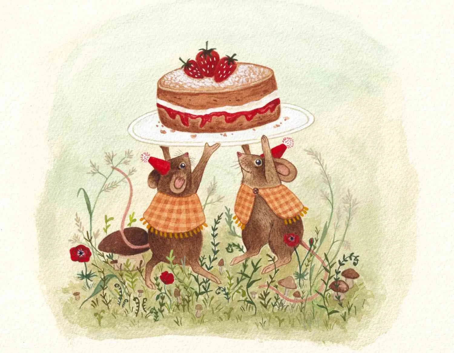 Whimsical, cosy, watercolour illustration of two mice carrying a birthday cake going to a party. By picture book artist Amy James, illustrator in Northamptonshire.