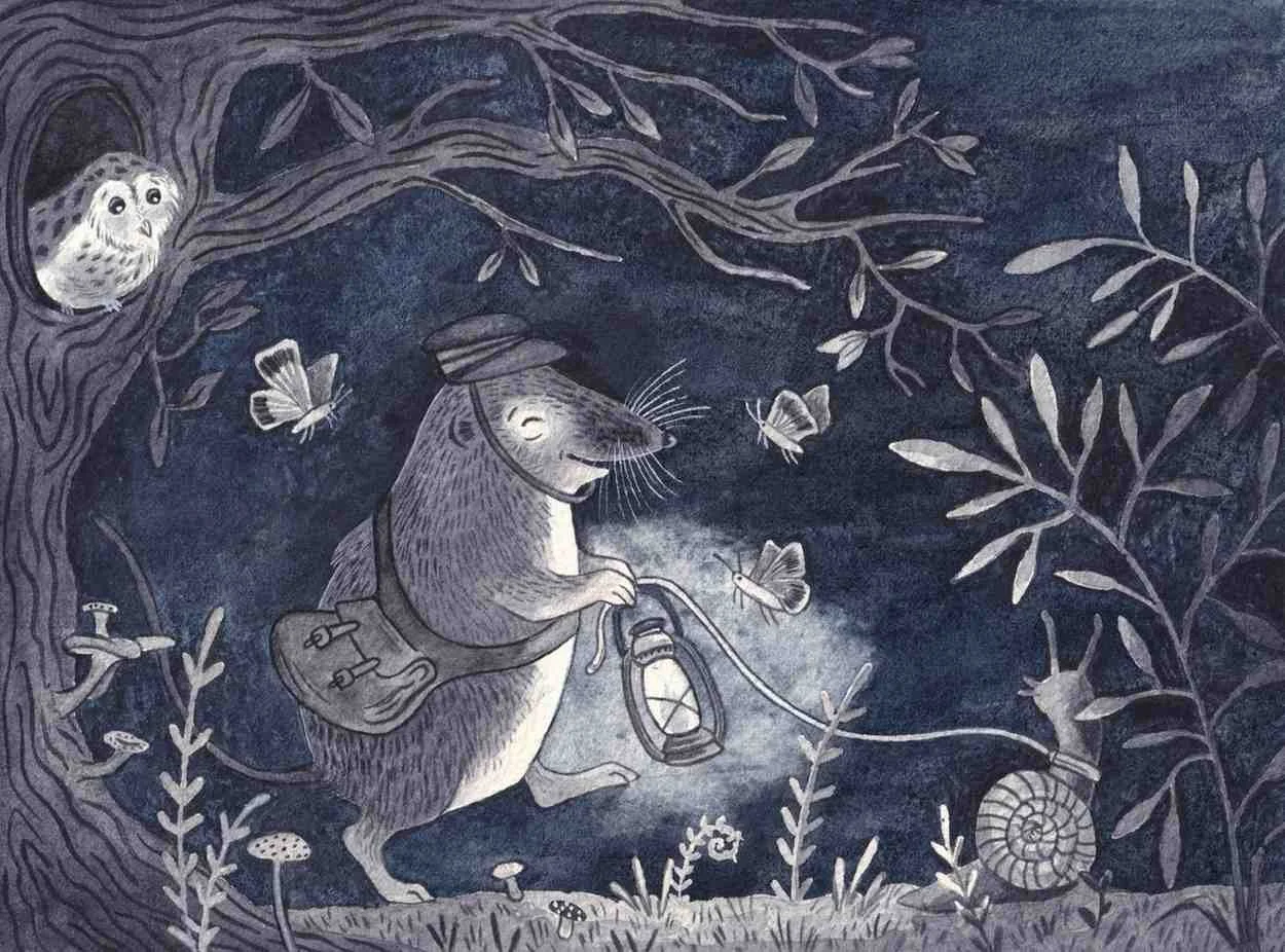 A cosy, whimsical, children's picture book illustration of a shrew carrying a lantern, walking a snail, surrounded by moths. A watercolour painting by artist Amy James, Northamptonshire. UK.