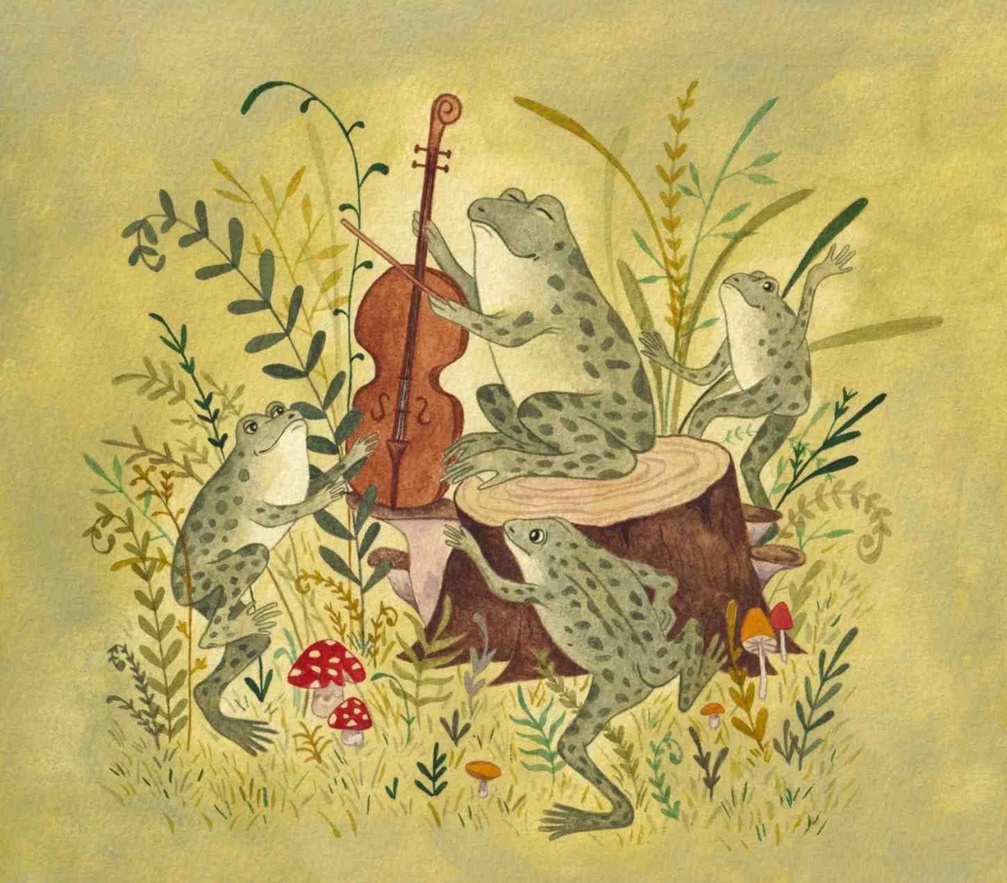 Whimsical, cosy, children's picture book illustration of frogs dancing and playing music. A watercolour painting by artist Amy James freelance illustrator based in Northamptonshire, UK.