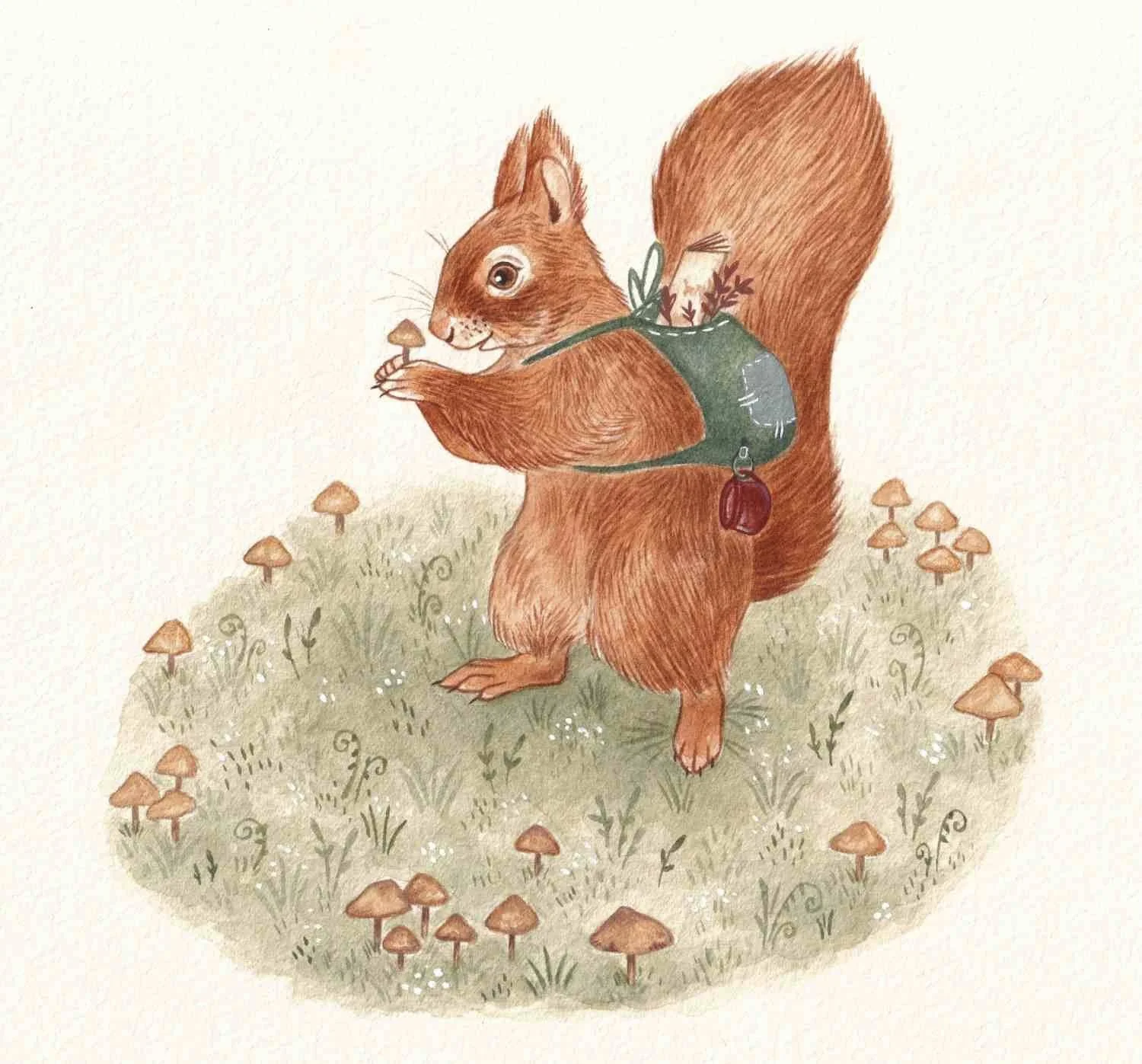 Children's picture book illustration of a red squirrel foraging mushrooms wearing a backpack. A whimsical, cosy watercolour painting by Amy James. Artist based in Northamptonshire. UK.