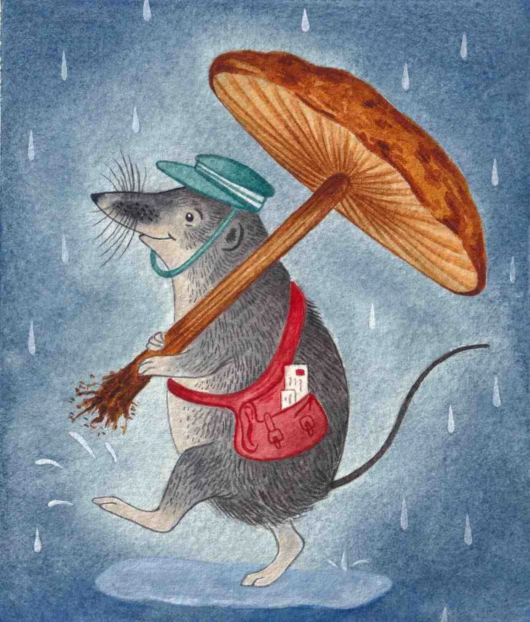 Whimsical, cosy, children's picture book illustration of a happy shrew holding a mushroom umbrella in the rain. A watercolour painting by Amy James, artist based in Northamptonshire, UK.