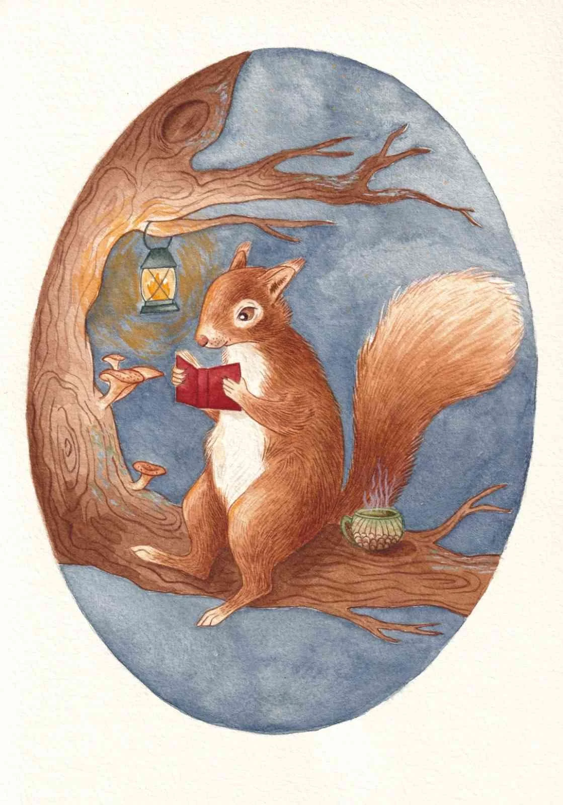 A children's picture book illustration of a red squirrel sitting in a tree reading a book with a lamp. A whimsical, cosy, watercolour painting by artist Amy James based in Northamptonshire, UK.